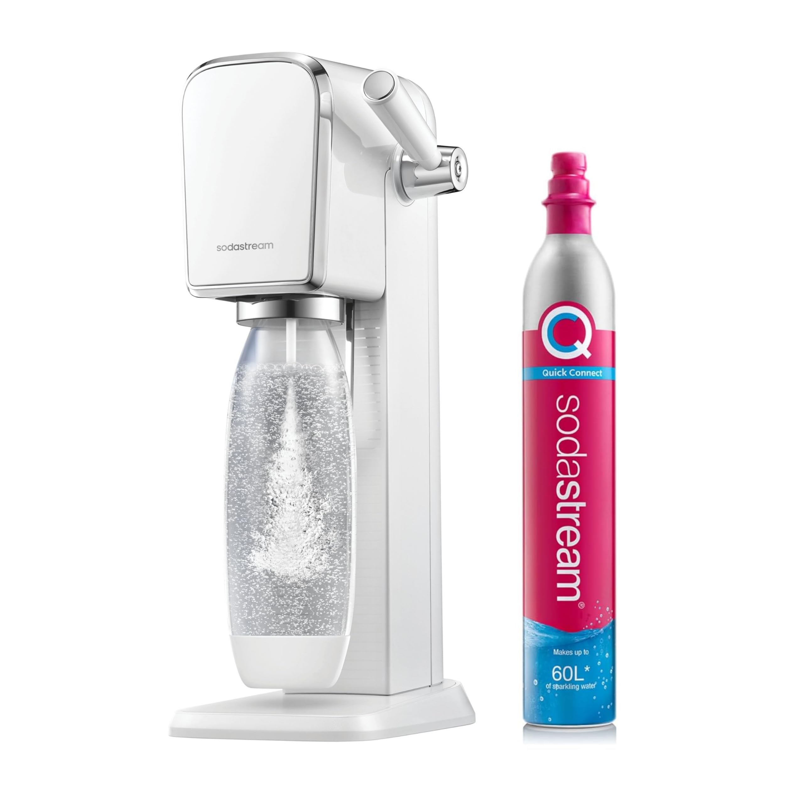 Art Sparkling Water Maker, Sparkling Water Machine & 1 L Fizzy Water Bottle, Retro Drinks Maker w. BPA-Free Water Bottle & INCLUDES 60 L Co2 Gas, Safe Home Carbonated Water & Quick Connect - White