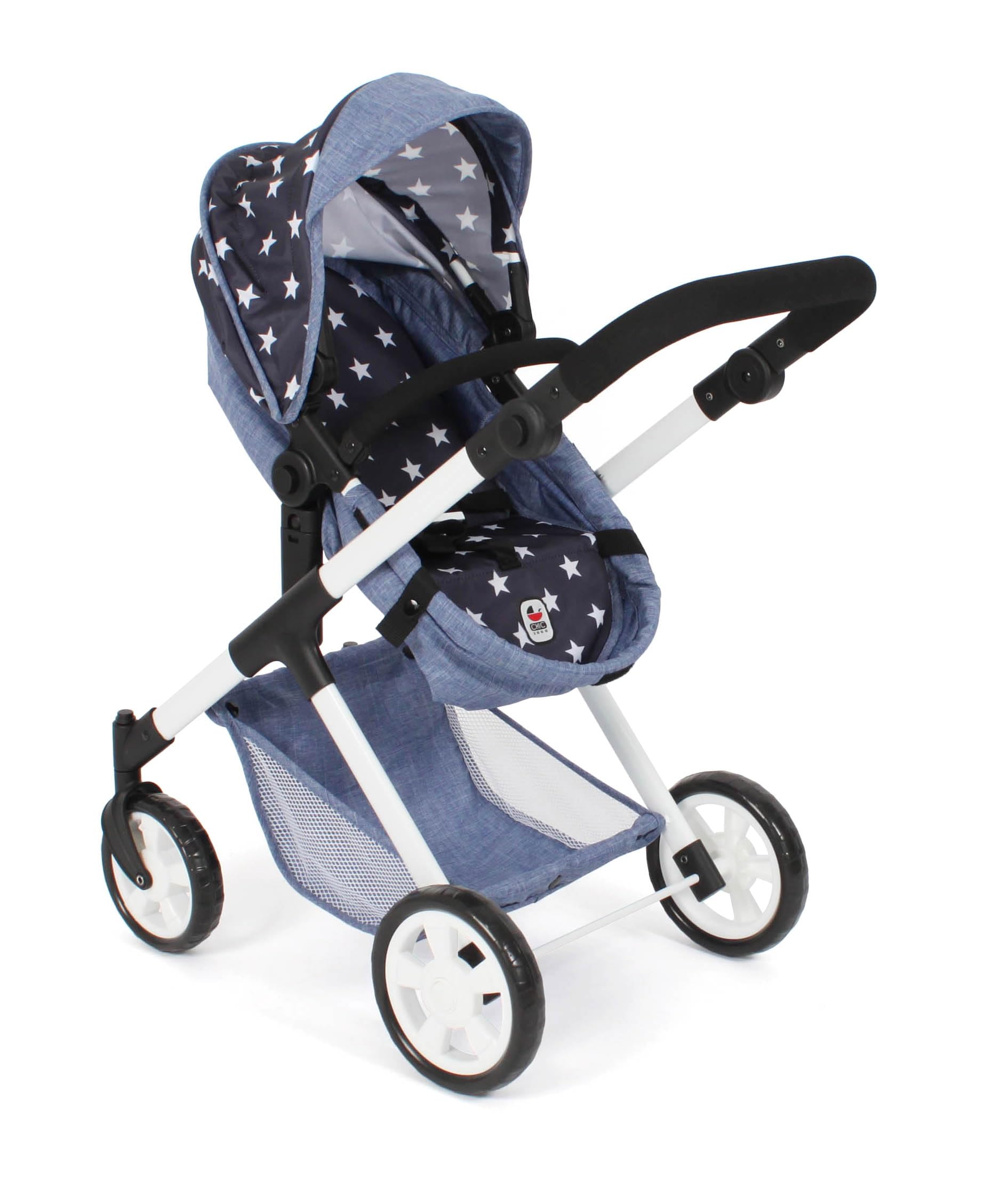 Bayer Chic 2000 2 w 1 wózek dla lalek Mila – gwiazdka granatowa – uchwyt z regulacją wysokości 39-72 cm – nowoczesny stelaż – lalki do 50 cm – 3-7 J.