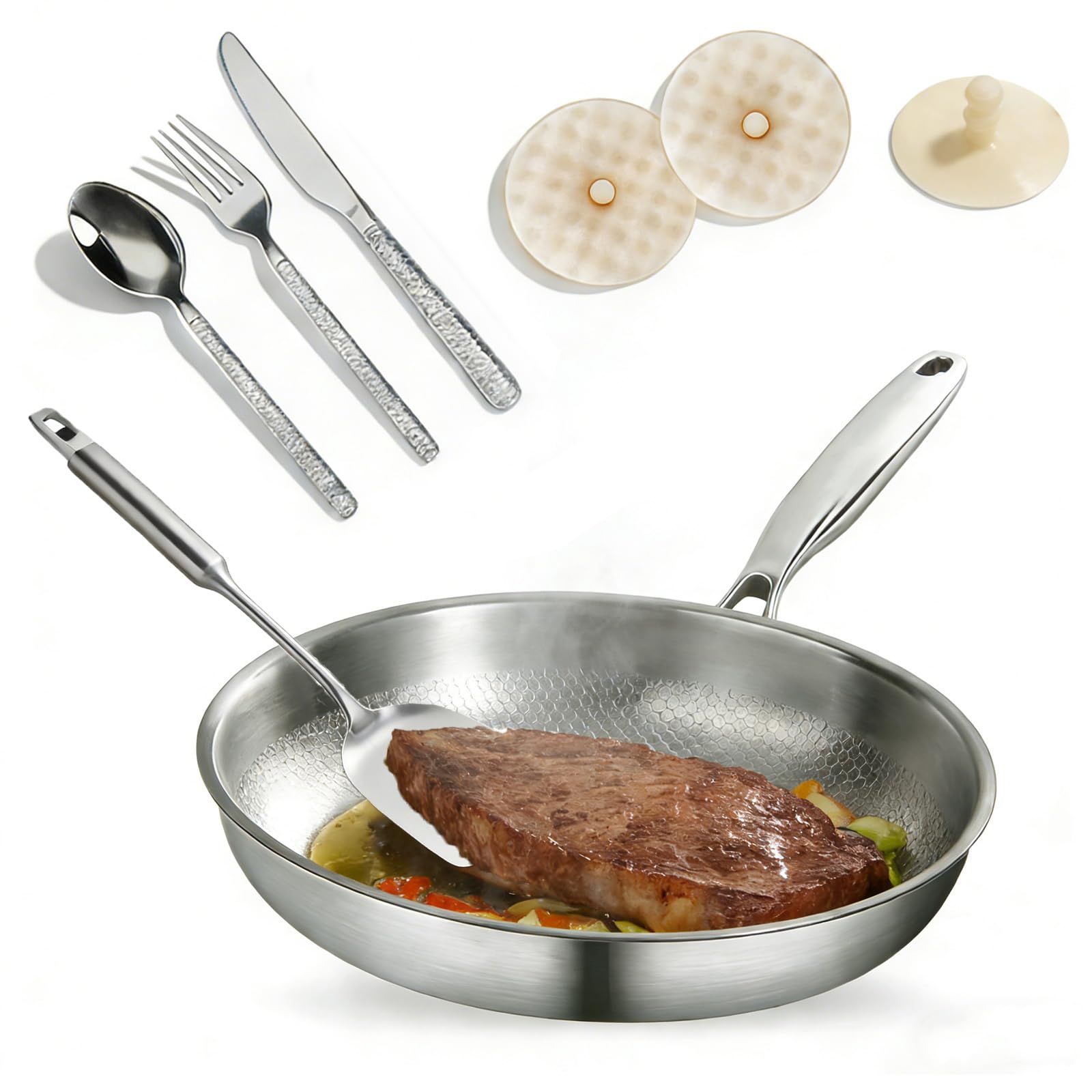 Titanium Frying Pan, 22-30 cm Non Stick Stainless Steel Frying Pan PTFE&PFOA-Free, Rapid Heat Conduction, Siraats Titanium Hammered Pan with Lid for Induction Gas Electric Hob (No Lid, 8.66in/22cm)