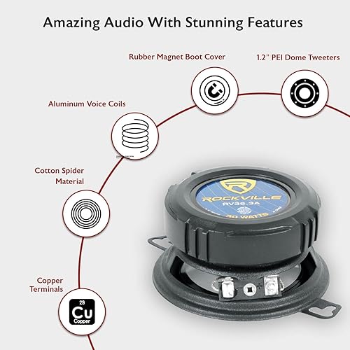 Miniatura 3 de Par de altavoces Rockville RV35.3A de 3.5 pulgadas de 3 vías para automóvil, 200 vatios60 vatios RMS CEA