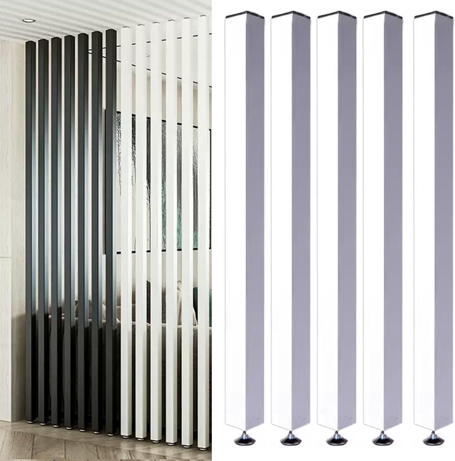 Living Room Floor to Ceiling Wall Post Partitions Screens, Wood Slat Room Divider Column with Adjustable Feet, Office Dividers Pillars 28 36 48 60 70 80 Inches High(White 5 Pack,140cm/55.1in/4.6ft)
