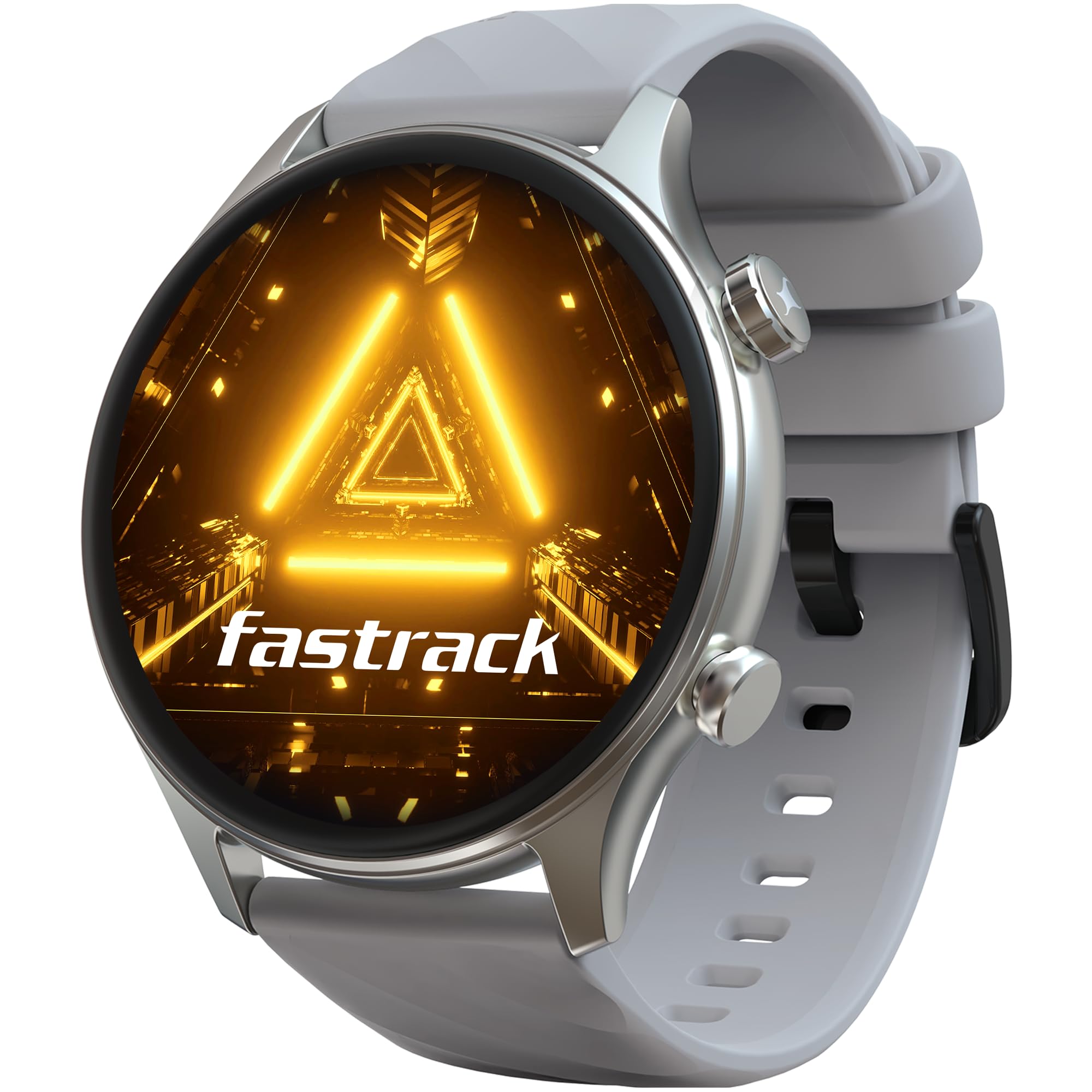 Fastrack Optimus 2 Pro Smart Watch displaying a colorful image on its 1.43-inch AMOLED screen with adaptive AOD and 466x466 pixel resolution