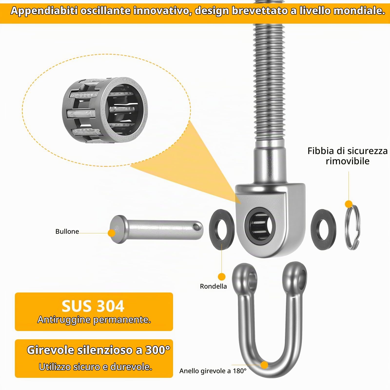 2 Pz Ganci per Fissare Altalena con Cuscinetti, 235 mm 180° Ganci da Soffitto per Altalena in Acciaio Inox, M10 Bulloni Gancio di Montaggio Girevole per Poltrona Sospesa Sacco da Boxe da Yoga