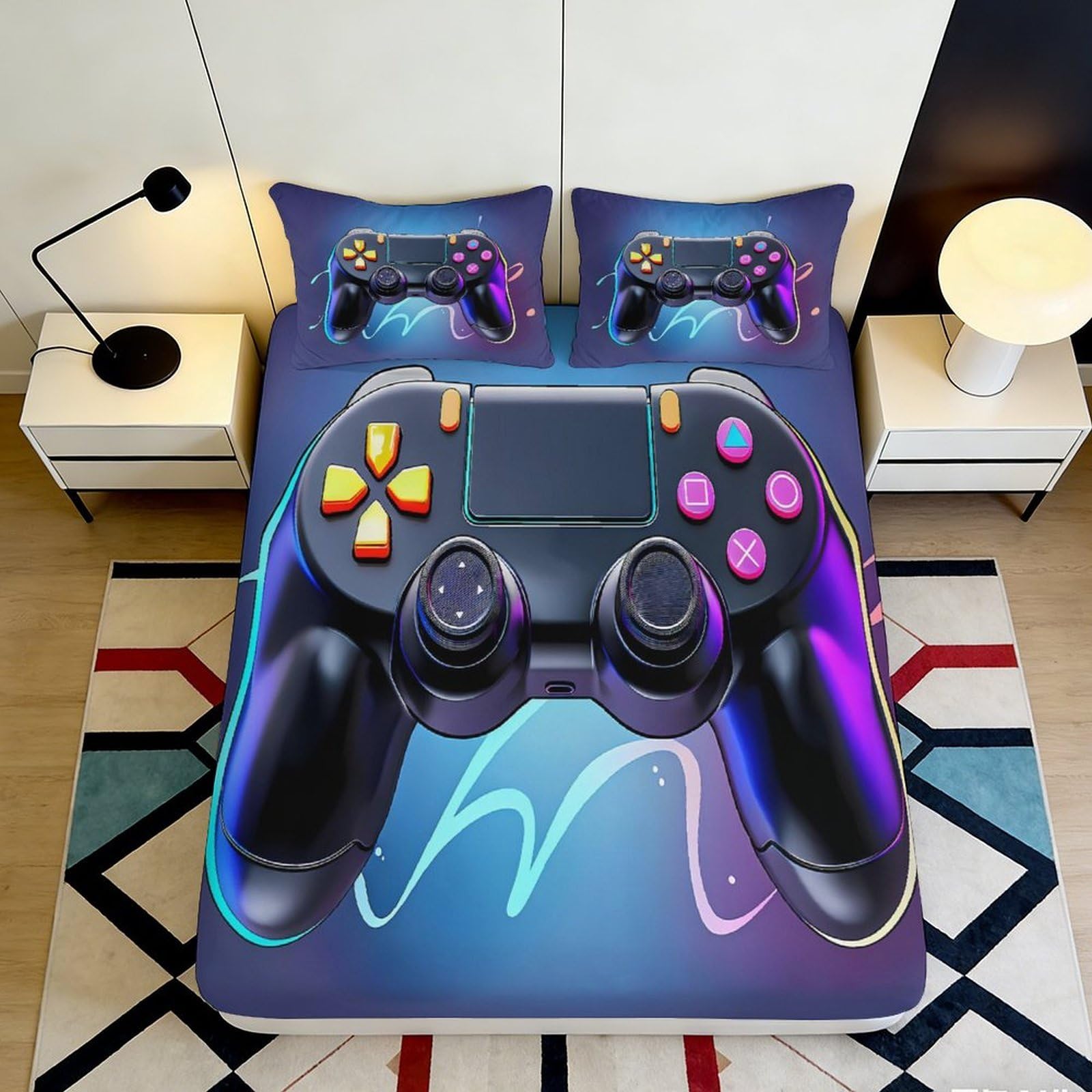 3D Printed Game Controller Fitted Sheet Microfiber Soft Decor Neon Gaming Mattress Cover for Bedroom Dorm Bed Protection 90x200x25cm