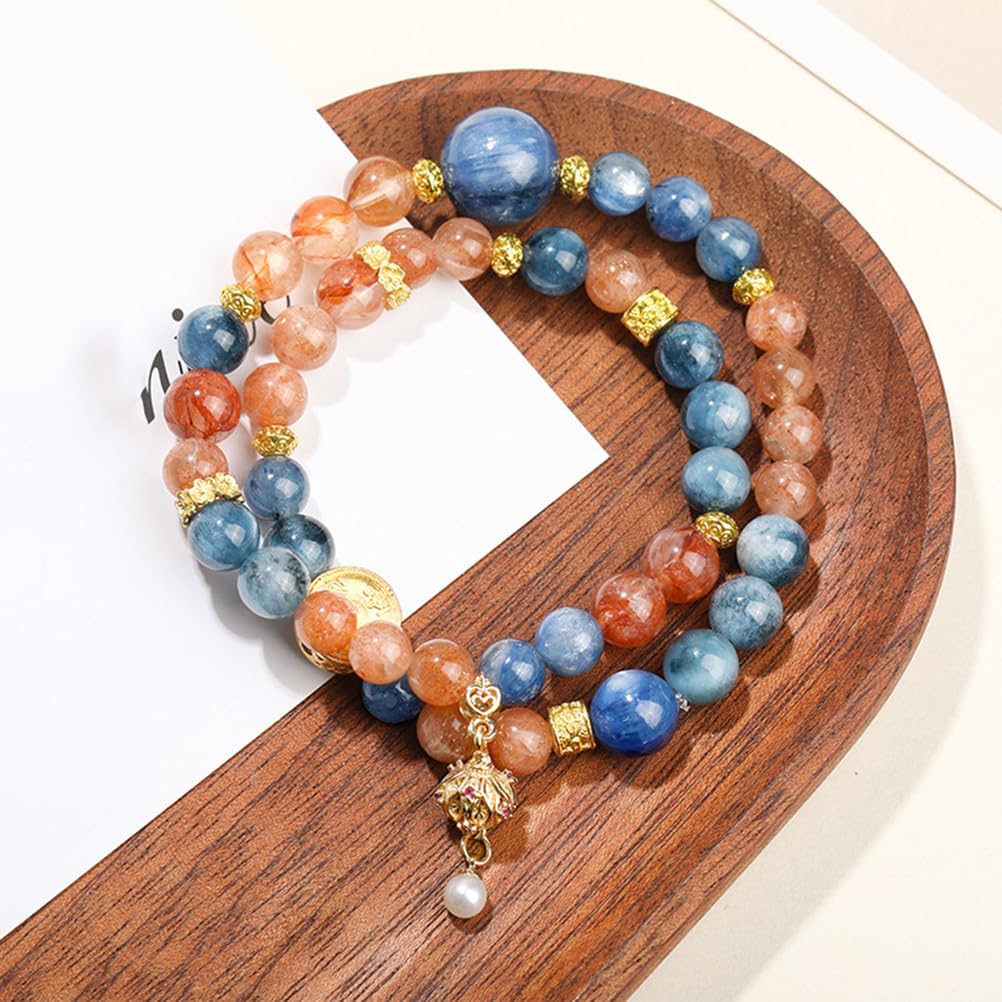 Bracelet en Cyanite Naturelle, Pierre de Soleil et Agate Rouge – Bijoux en Perles de Cristal Bleu, Or et Rouge pour la Communication, la Joie et la vitalité, Cadeau élastique