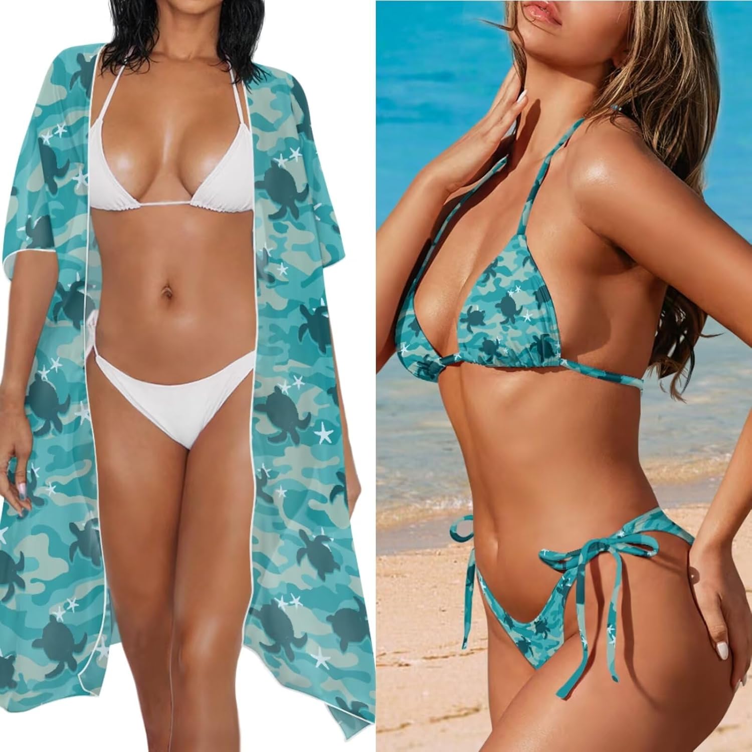Xpyiqun Women Bikini Sets Swimsuits with Cover Up 3 Piece Halter Triangle Tie Side Bathing Suit Matching Kimono Cardigan