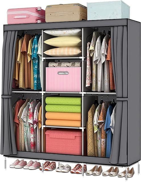 LOEFME Large Canvas Wardrobe Fabric Wardrobe Storage Organizer with Hanging Rail Shelving,Foldable Portable Closet Clothes Storage Cupboard Unit for Bedroom 175 x 130 x 45CM (Grey)
