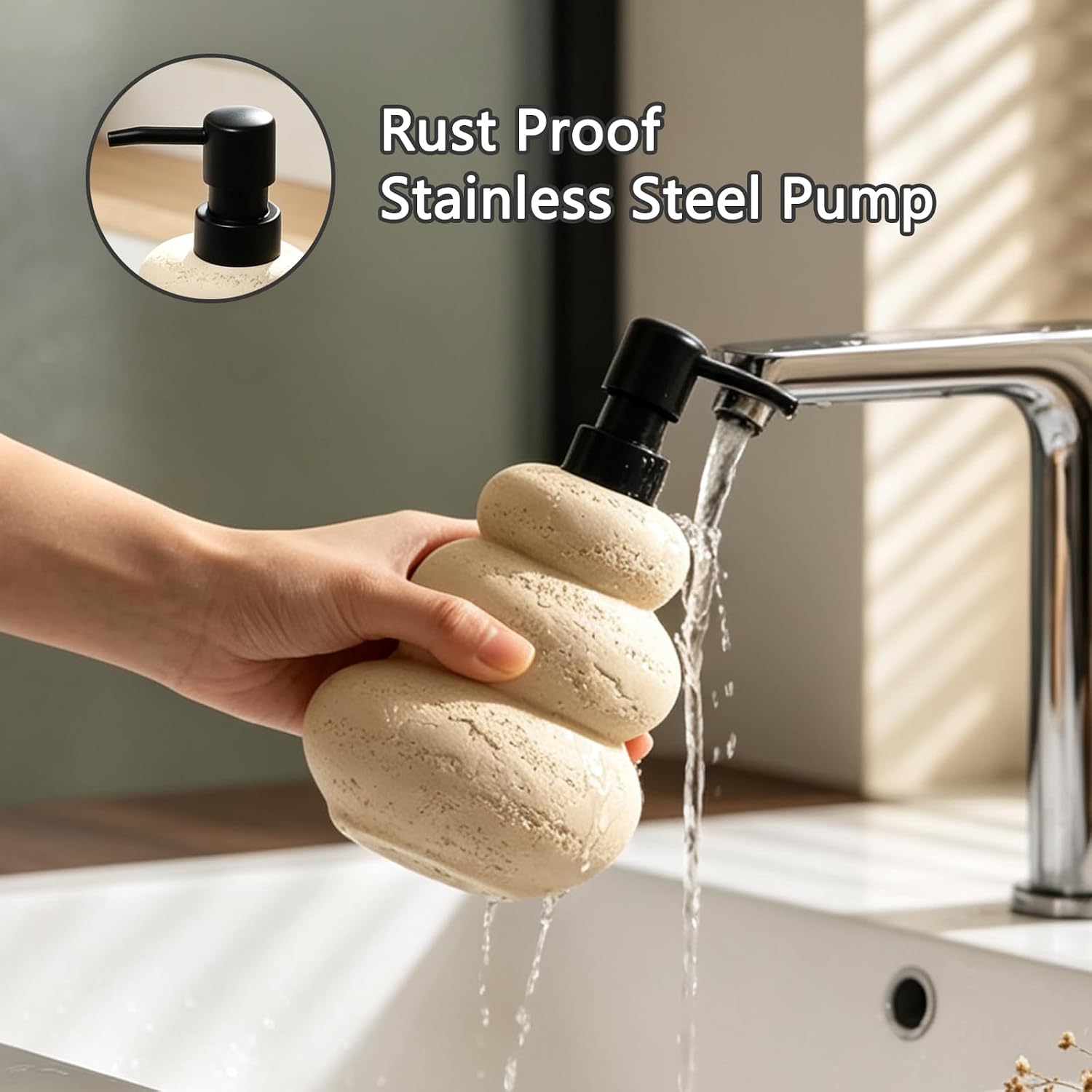 Resin Soap Dispenser with Faux Travertine Design, Refillable Lotion Soap Dispenser for Bathroom, Kitchen, and Hotel Countertops (Yellow)