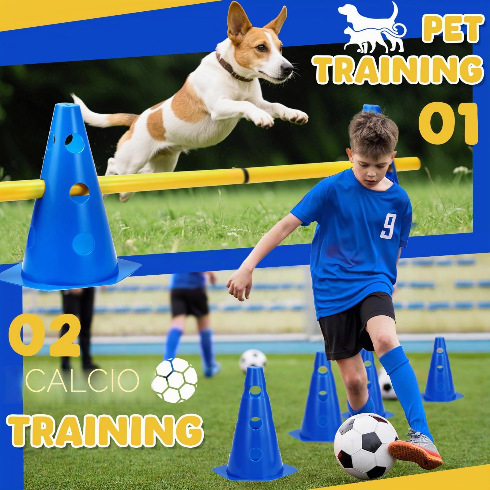 Set di agilità BHHTBB per cani, ostacoli per bambini e cani, per saltare, cavalletto per cani, 8 coni da 23 cm di altezza + 8 pali da 80 cm di lunghezza, per esercizi di addestramento