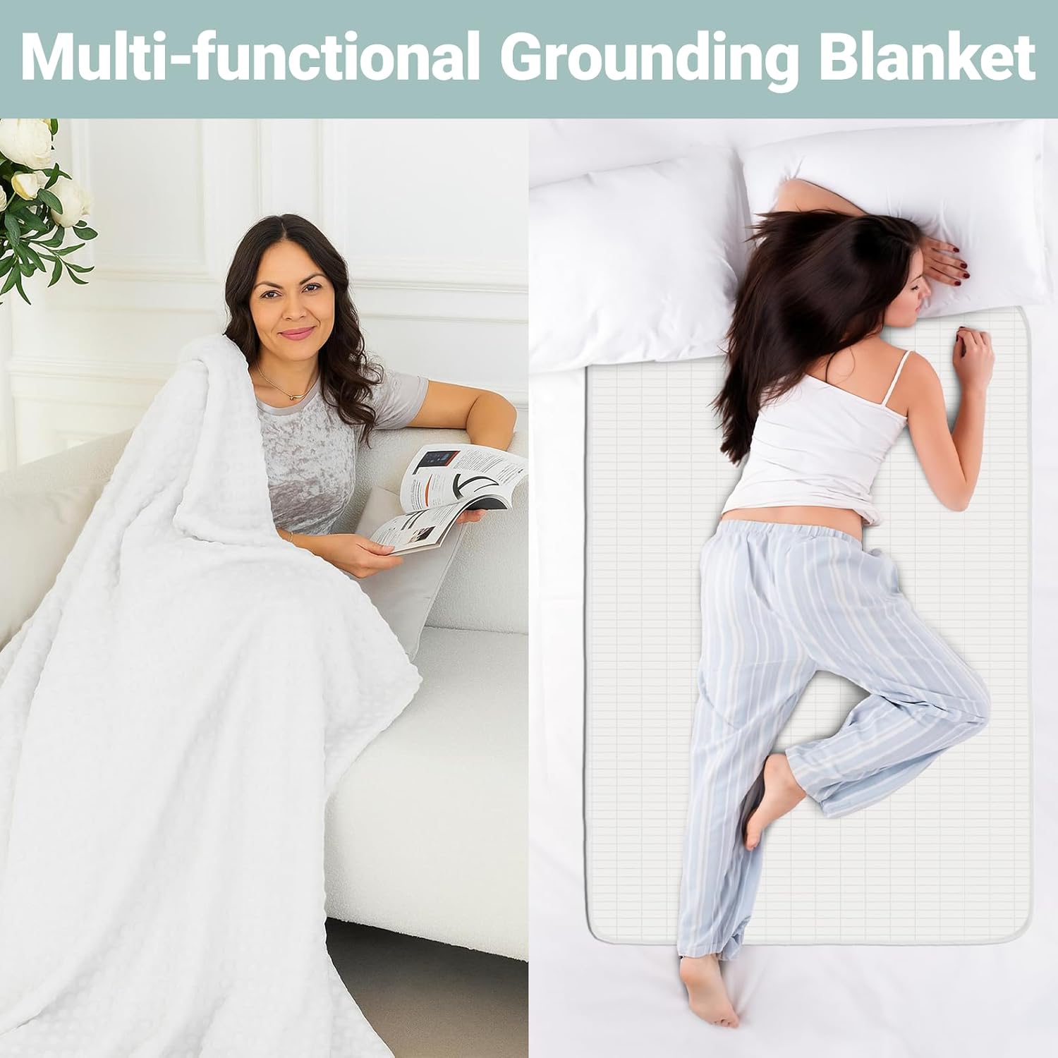 Grounding Blanket, Grounding Fleece Throw with Silver Conductive Layer - Natural Relaxation for Sleep Support, Tension Release,Comfort (Includes Grounding Cord) (White, 50 * 60in) - Image 2