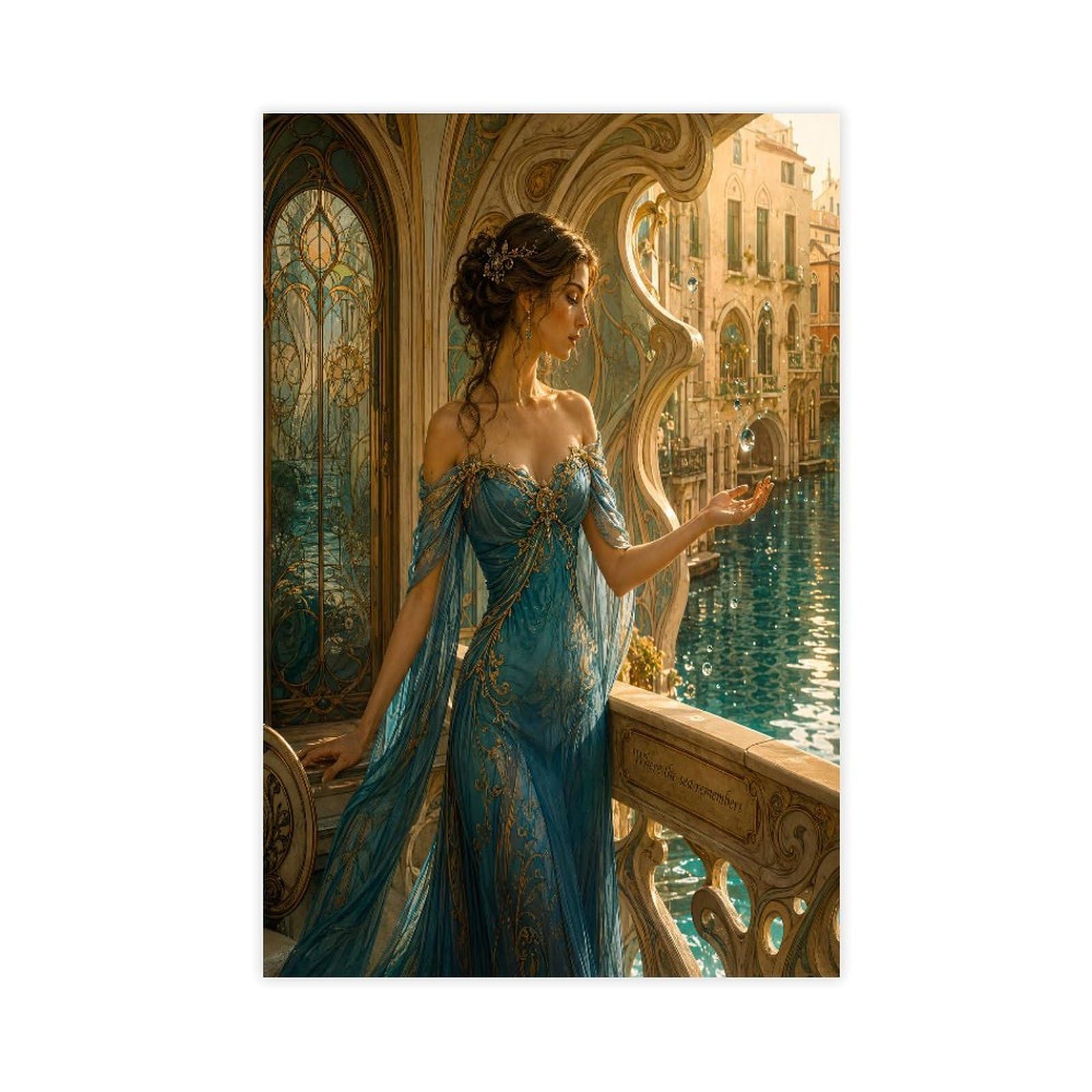 W7c8u2x3 Unframe-Style-23 Woman In Blue Dress Canvas Wall Art, Venice Balcony Bedside
