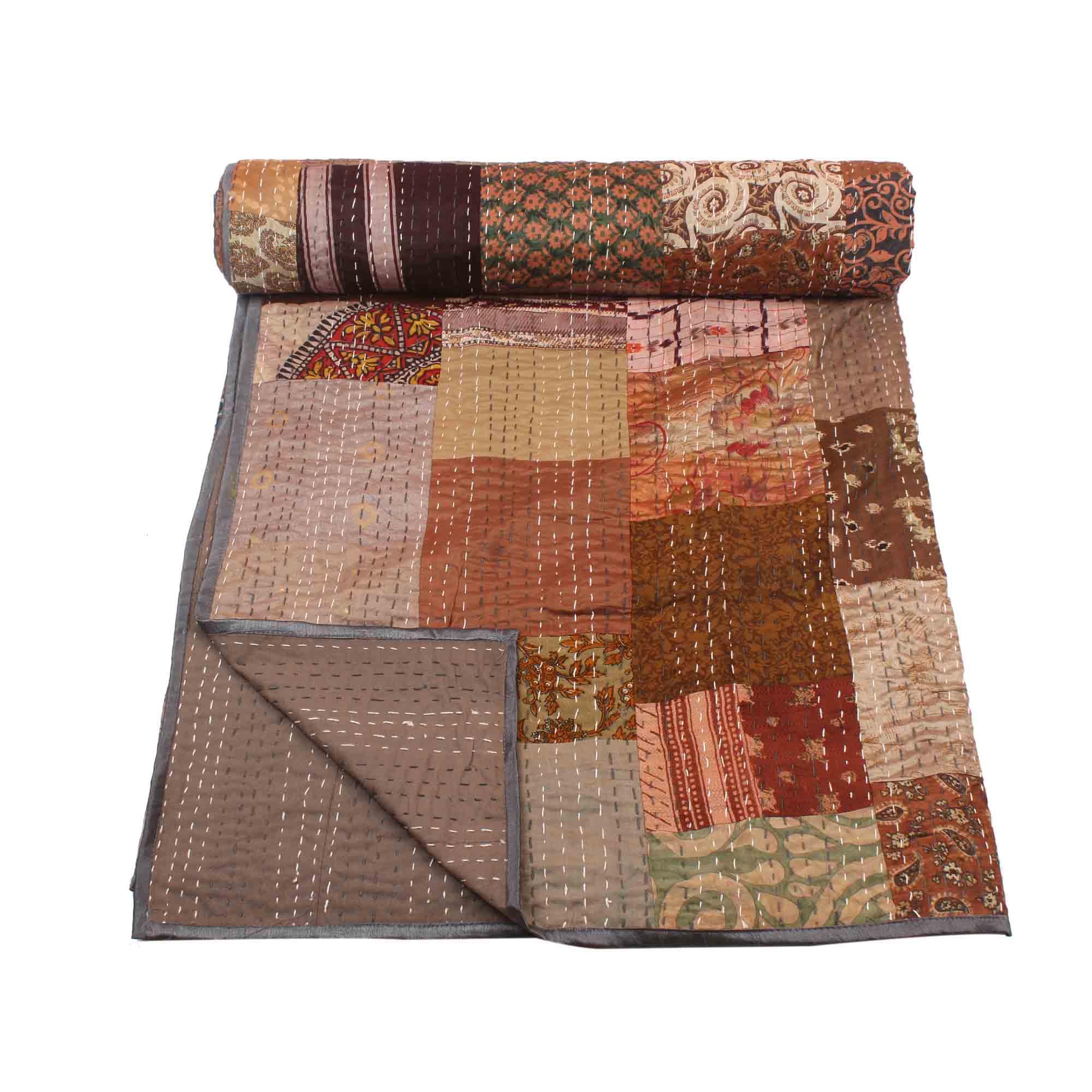 BOHEKANT Handicraft Silk Kantha Quilt Kantha Bed Cover Handmade Kantha Bedspread Kantha Blanket Throw-03 (Twin, 60x90 Inches, Single Bed)-image-48