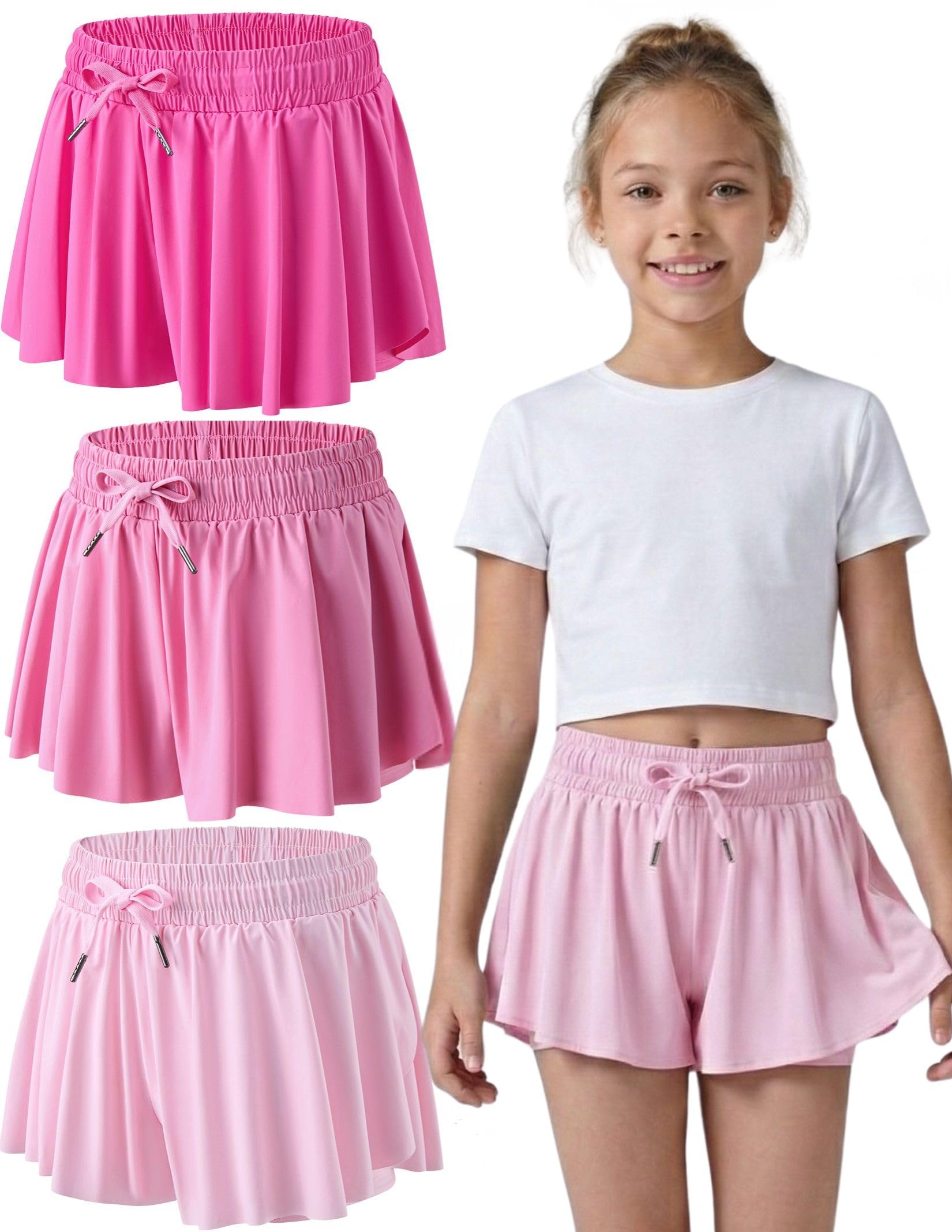 3 Pack Girls Flowy Shorts with Spandex Liner 2-in-1 Youth Butterfly Skirts for Fitness, Running, Sports
