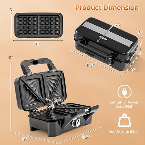Miniatura 9 de Sandwichera 3 en 1, waflera de 1082 W con platos extraíbles, prensa para sándwich con control de temperatura de 5 engranajes, luces indicadoras,