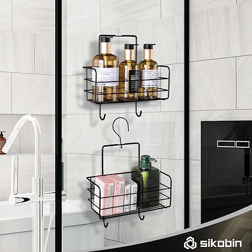 Miniatura 7 de Estante organizador de estante de ducha, paquete de 3 con gancho, autoadhesivo, color negro, estantes de almacenamiento de pared para baño, cesta