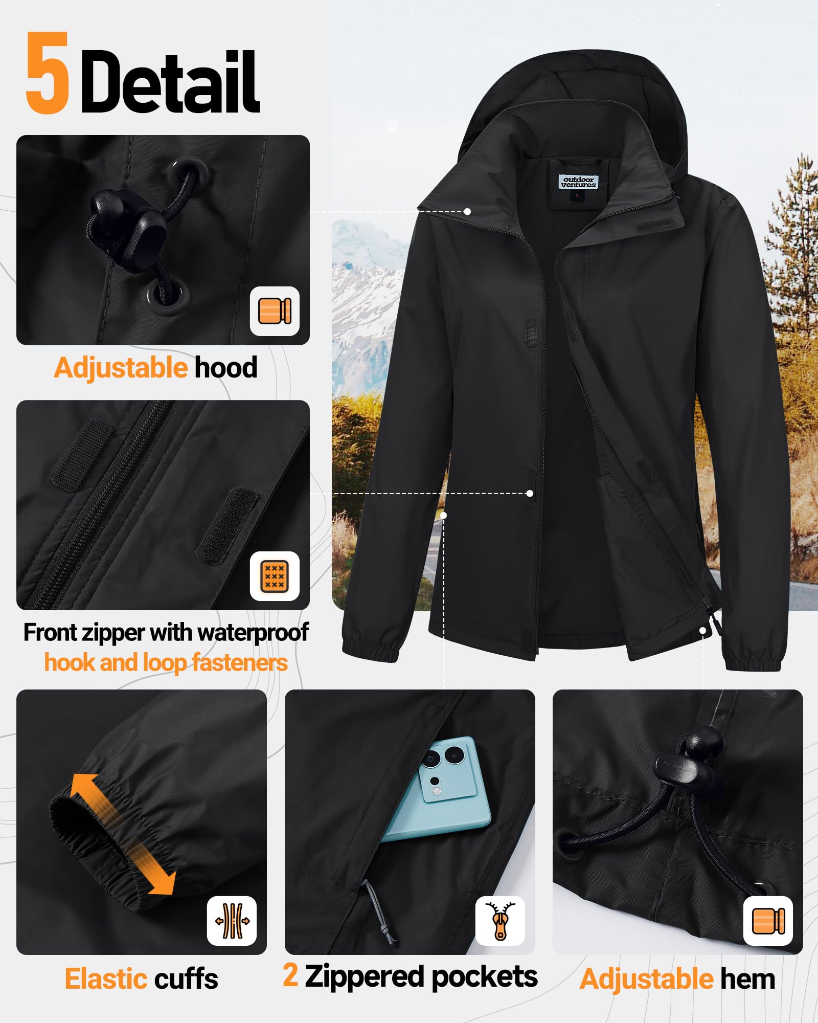 Outdoor Ventures Veste de pluie pour femme - Imperméable - Coupe-vent - Légère - Avec capuche - Pliable - Veste de cyclisme - Veste d'extérieur
