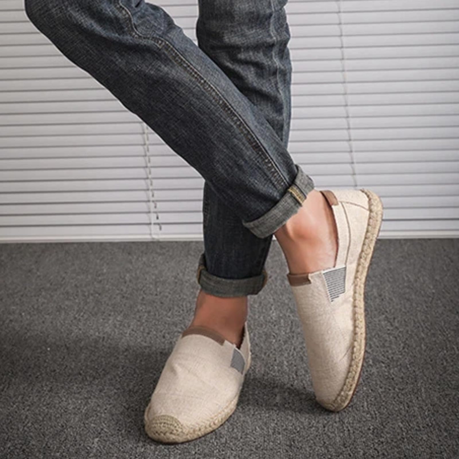 Scarpe Uomo Lino Tela Espadrille Pescatore Casual | Tela lino forma tomaia leggera. Modello piatto adatto alla spiaggia, spostamenti quotidiani e svago weekend.