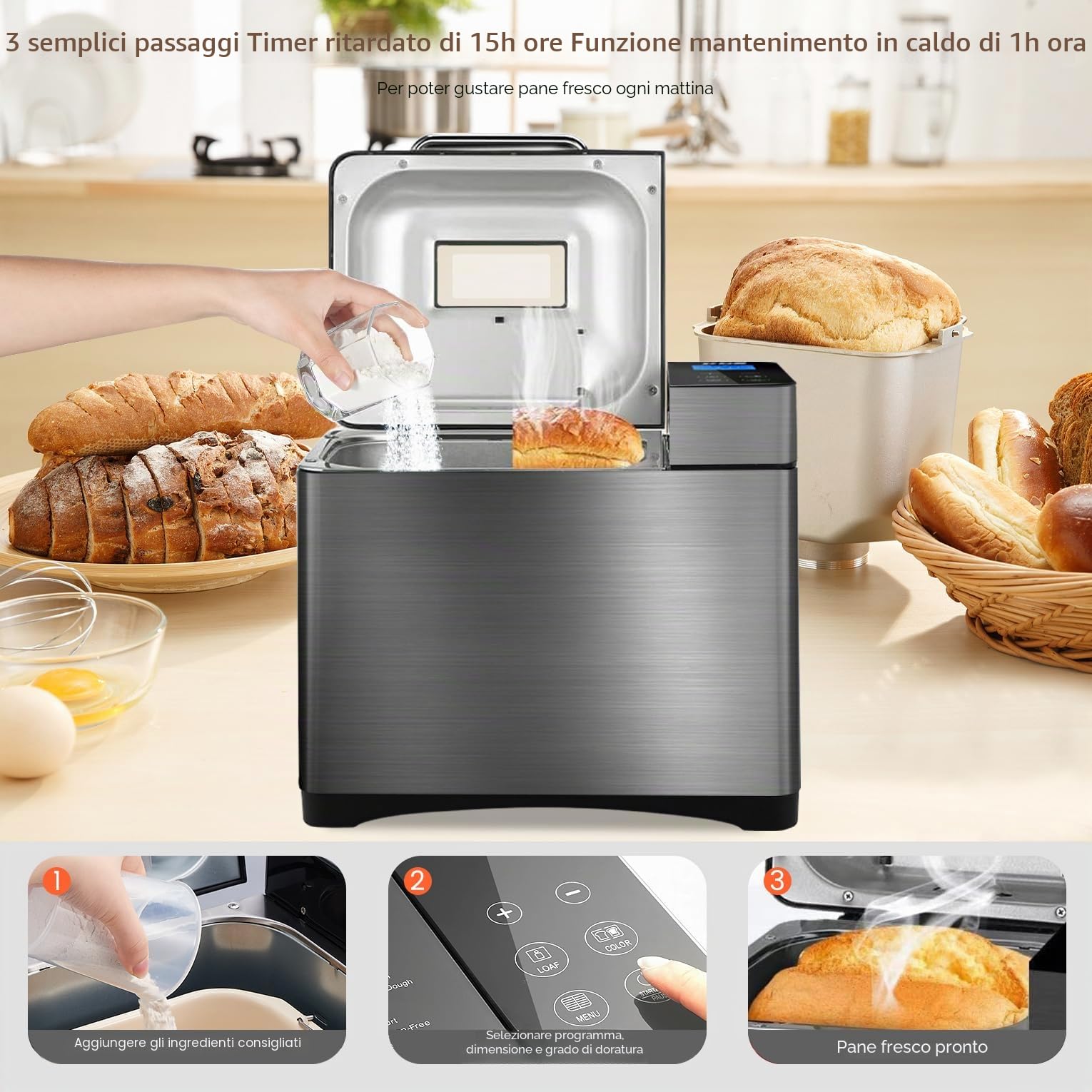 Macchina per il pane di alta qualità in acciaio inox con stampo sano in ceramica, touch screen intelligente e doppi sensori di temperatura, 17 programmi automatici, distributore automatico di