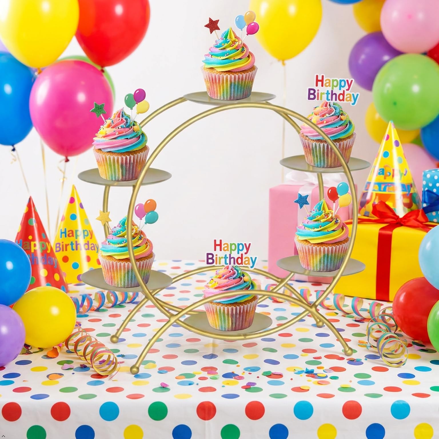 Soporte de metal para cupcakes, decoración creativa de boda y soporte de mesa de postre personalizado para aniversario, cumpleaños y fiesta (tamaño grande, dorado)