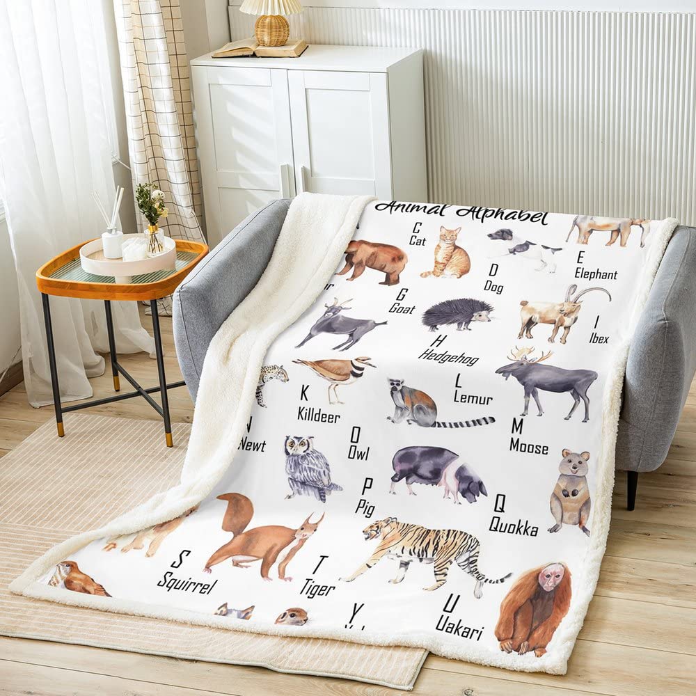 Coperta in pile Sherpa con motivo leopardo, per bambini, ragazzi, ragazze, animali ABC, coperta fuzzy per divano letto, cartone animato, 26 lettere, 200 x 220 cm