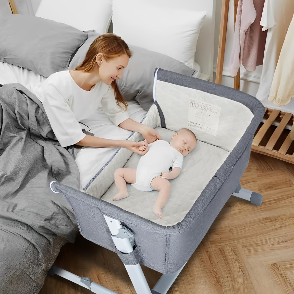 PEARLOVE 3 in 1 Baby Bassinet Bedside Sleeper, Bedside Crib with 6 Adjustable Height, Soft Mattress & Wheels, Portable Easy to Assemble Bassinet, Baby Cribs for Infant Newborn(Light Gray)