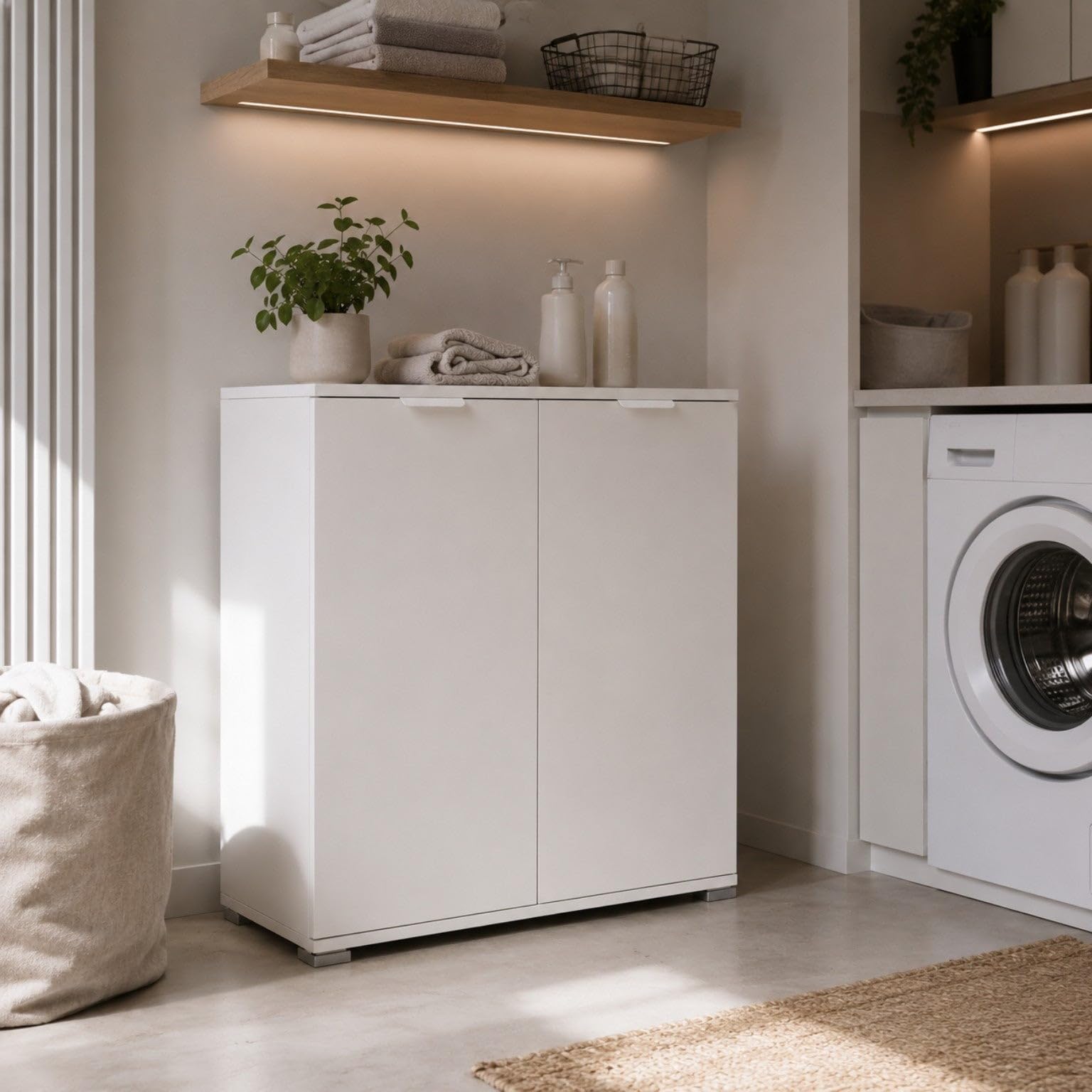 The White Stone Mobile Base 2 Ante Bianco Già Montato | Armadietto Salvaspazio 75x85x38 cm | Mobile Bagno e Lavanderia con Ripiani Regolabili e Struttura in Legno Nobilitato