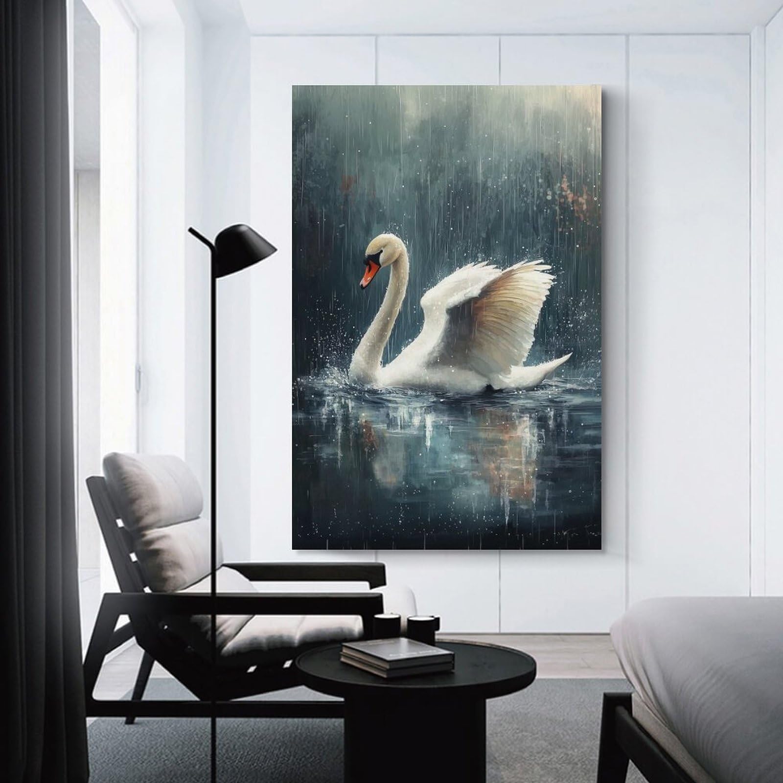 Junmoney Unframe-Style Swan In The Rain Home Decor Wall Art 08X12inch(20X30cm), For Bedroom, Guest Room Or Reading Nook, Decorative Wall Art For Cosy Rooms