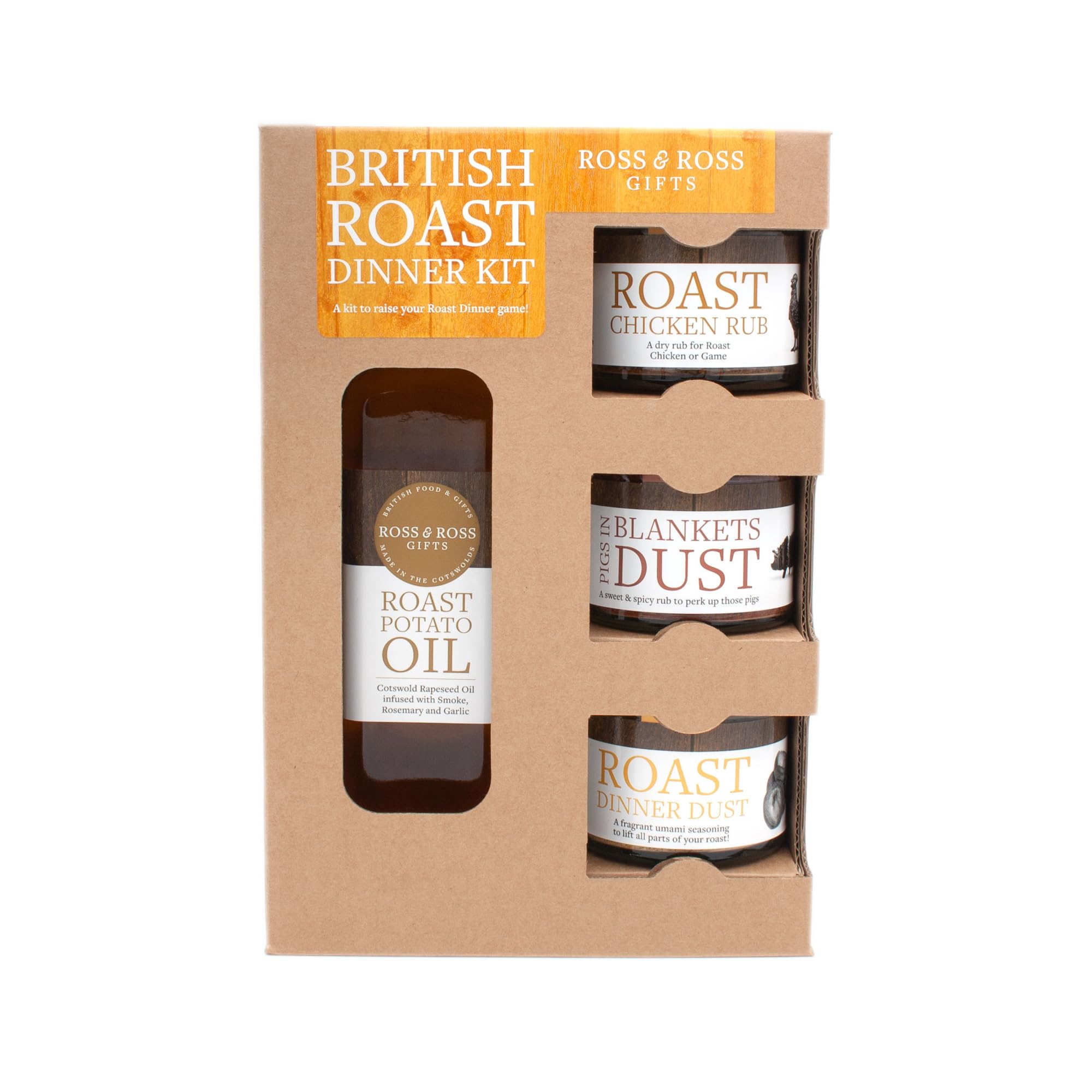 Ross & Ross Gifts - British Roast Dinner Kit Quad Kit, Containing Roast Potato Oil, 250ml, Roast Chicken Rub, 50g, Pigs in Blankets Dust, 50g and Roast Dinner Dust, 50g