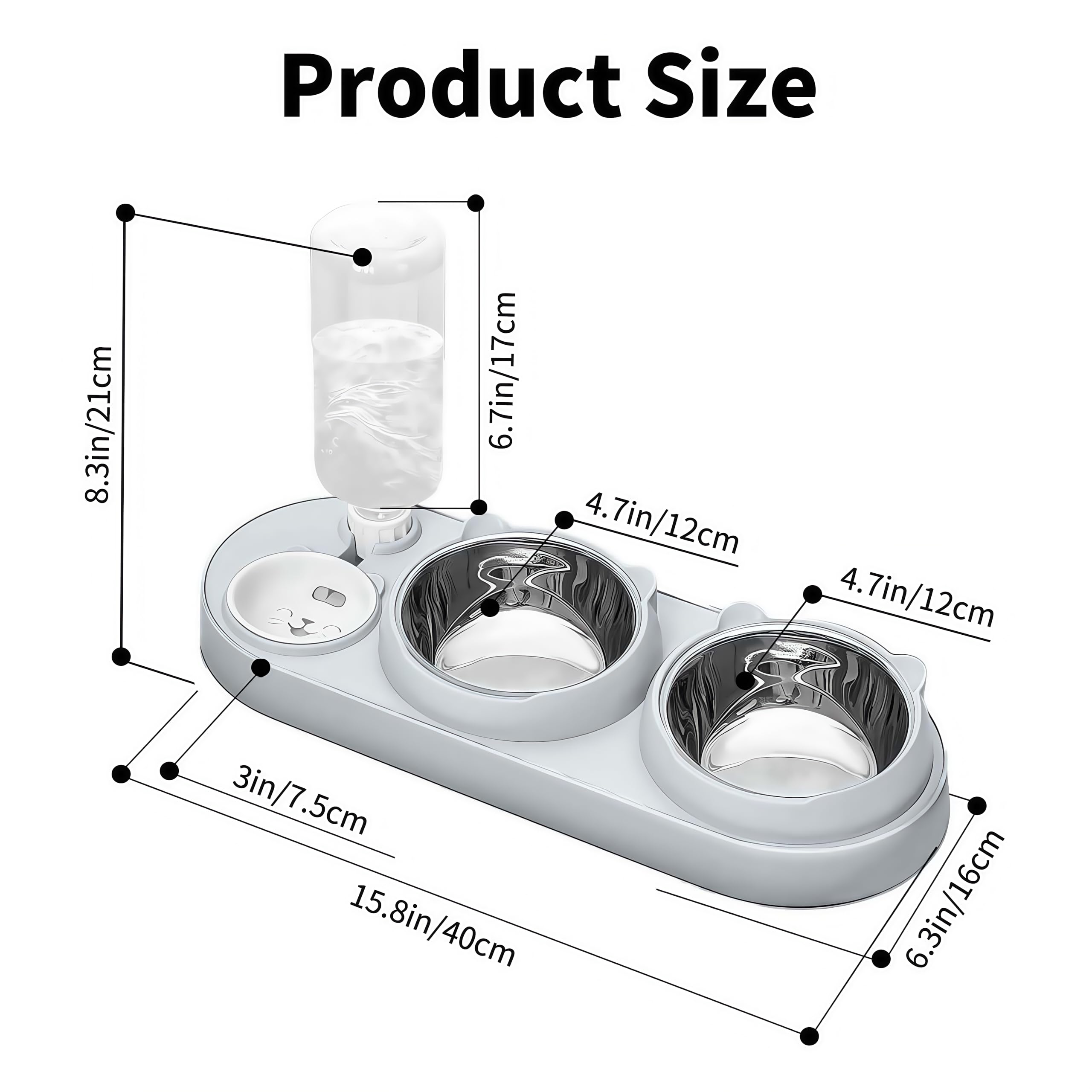 Marchul Ciotola per gatti 3 in 1, set di ciotole per cibo e acqua per gatti con dispenser d'acqua e ciotole in acciaio inossidabile, inclinate a 15°, tre ciotole per gatti interni, cani di piccola o
