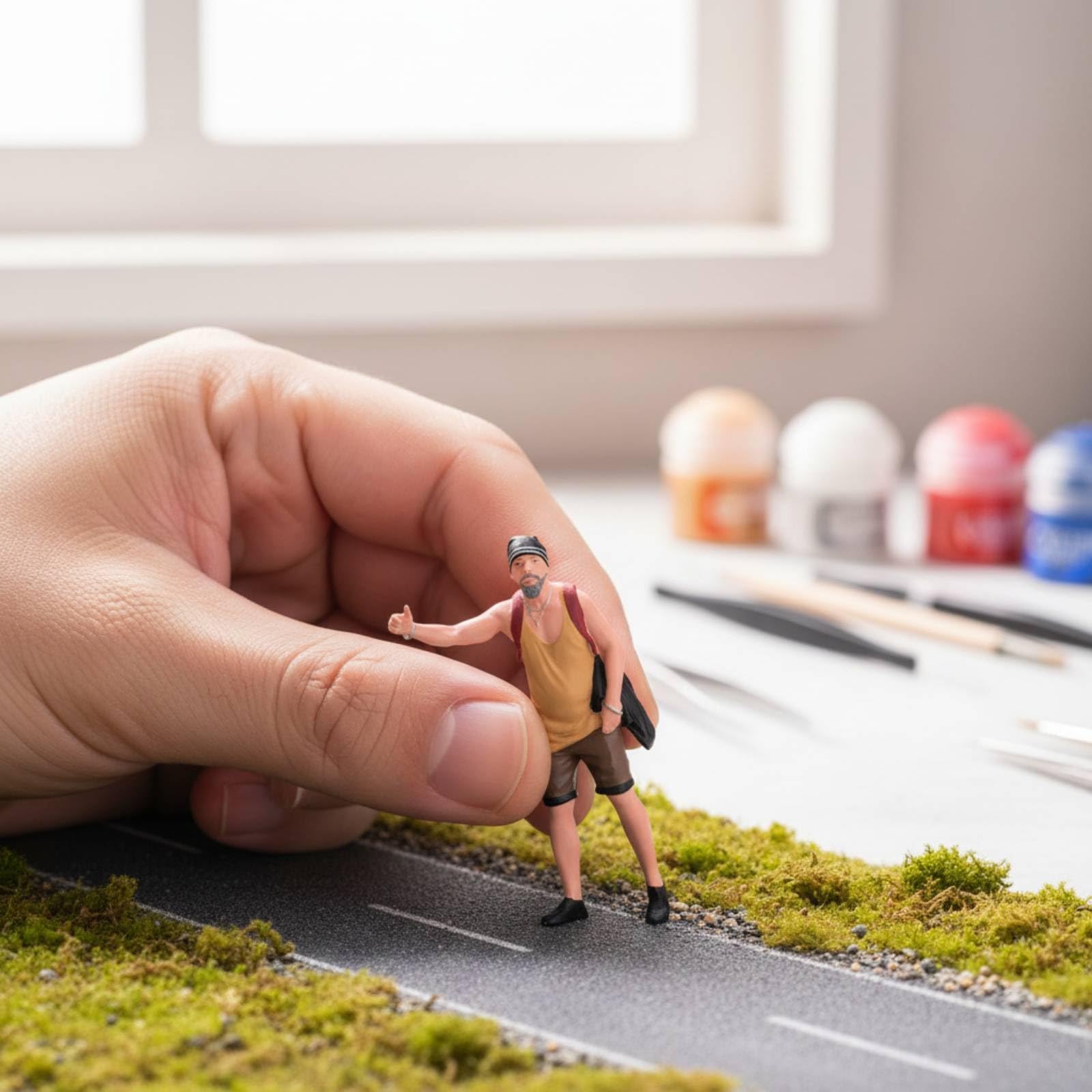 Handbemalte Resinfigur Detailreich handbemalte Miniaturfigur Kompakt stehende Reisende Figur für Modellautoszenen, 拦车大叔B款, 1/18