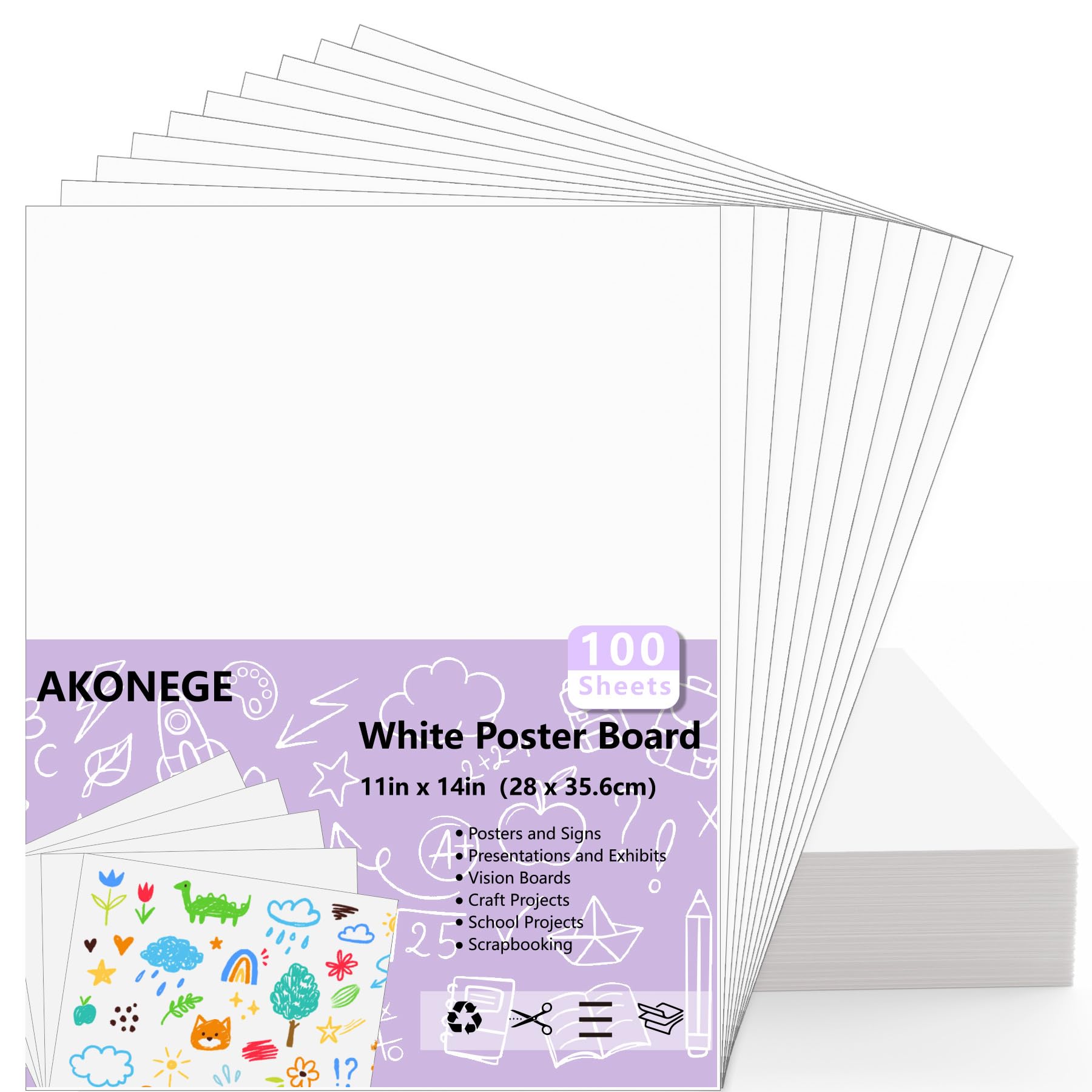 AKONEGE 100PCS Poster Board 11" x 14" White Poster Paper Bulk, 250GSM Thickness Vision Boards Blank Graphic Display Posterboards for School Arts