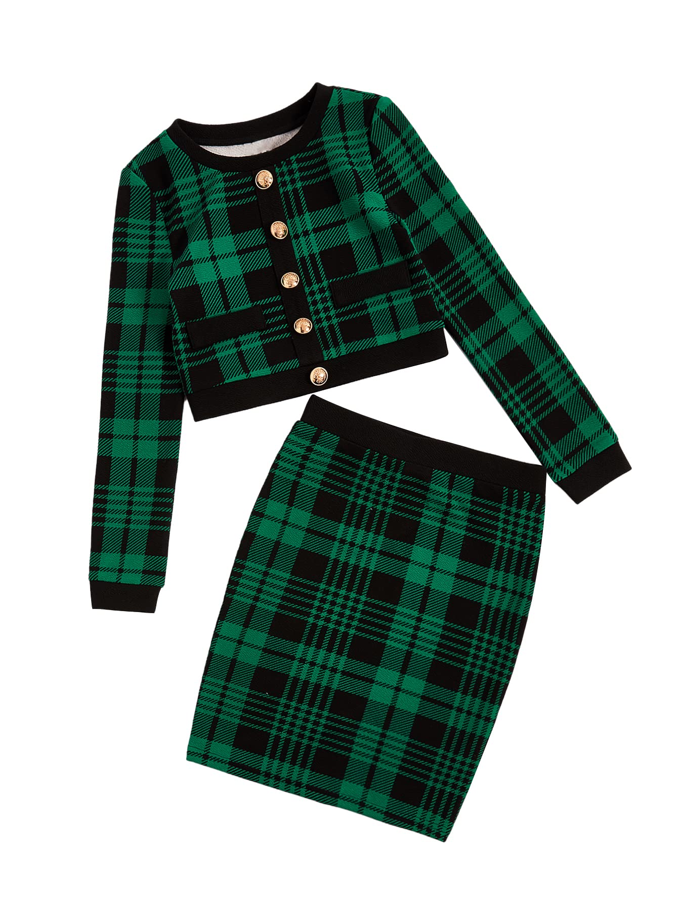Girl's Two Piece Outfits Houndstooth Button Decor Crop Blazer Jacket and Skirt Sets