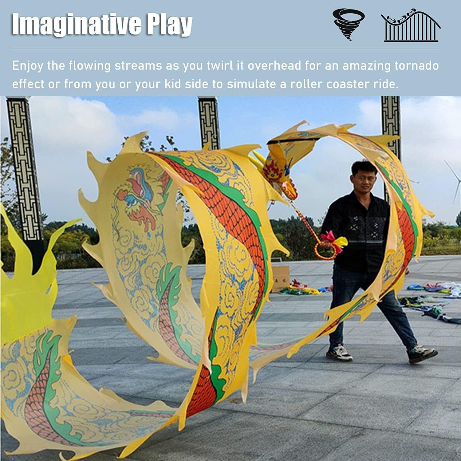 TFG - Ttfd Floating Belt Colourful Dragon Silk Flower Spinning Rocking Po Kung Fu Dancing Dragon Silk Flower Playing(Yellow,8m/26ft)