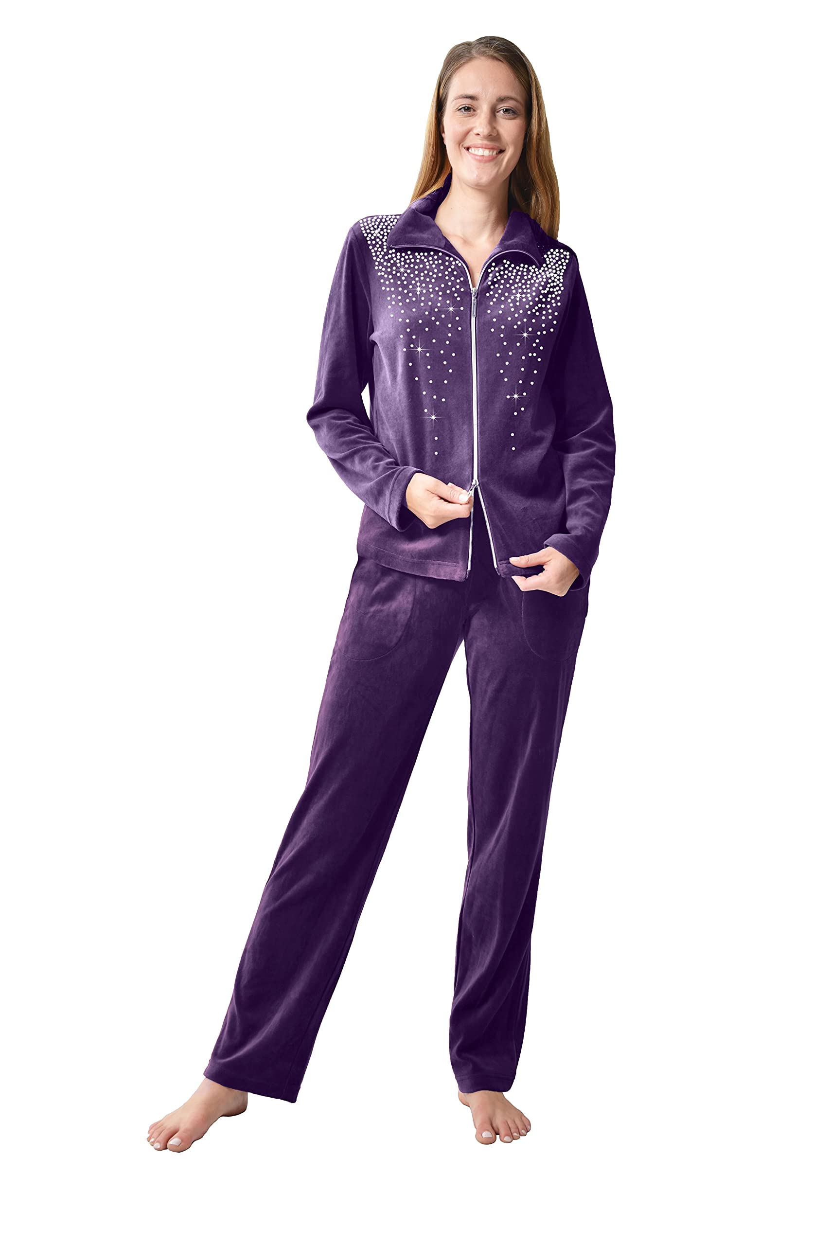 DeSen Damen Velours Nicki Freizeitanzug Fitnessanzug Hausanzug Jogginganzug Nicki-Anzug mit Reißverschluss und Glitzersteinen