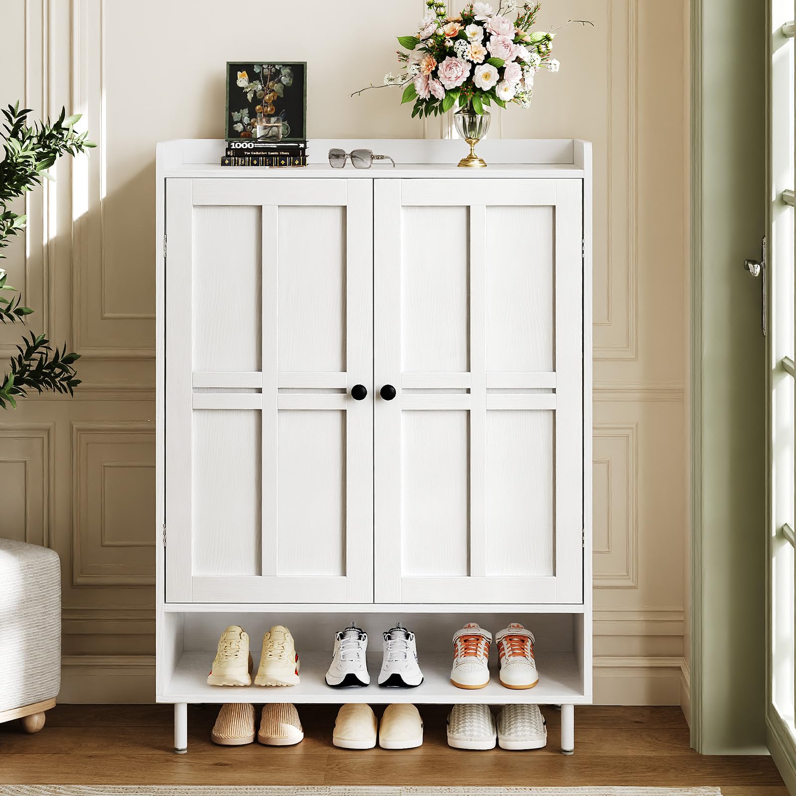 7+1 Tier Farmhouse Shoe Storage Cabinet - White, 45" Tall Entryway Organizer With Cross Door, Adjustable Shelves