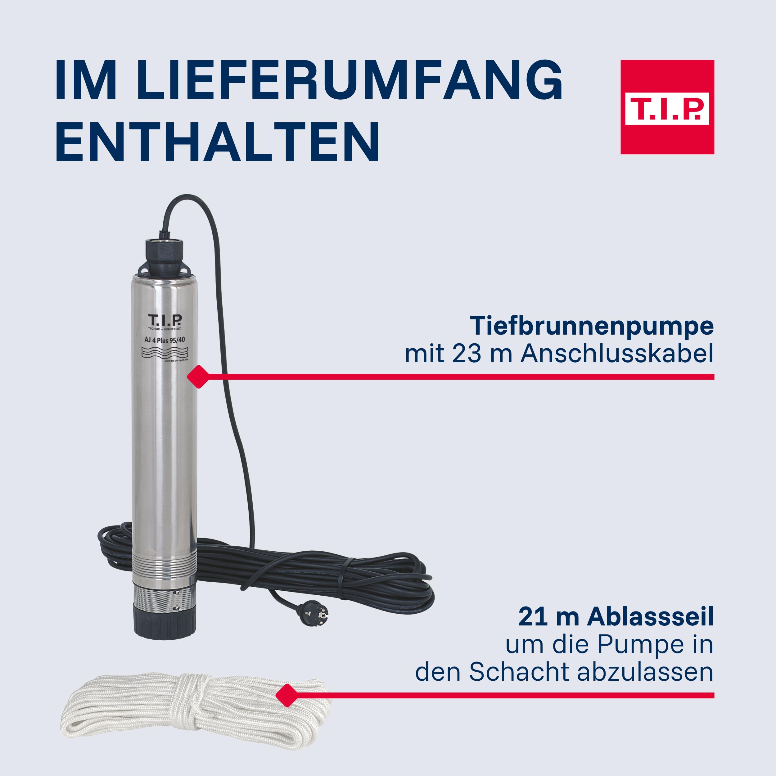 T.I.P. Tiefbrunnenpumpe ab Ø 10 cm Brunnen, 5.700 l/h, 40 m Förderhöhe | AJ 4 Plus 95/40 Sandresistente Edelstahl Brunnenpumpe, 40 m Förderhöhe, 4 bar Druck und 23 m Kabel, Rückschlagventil,