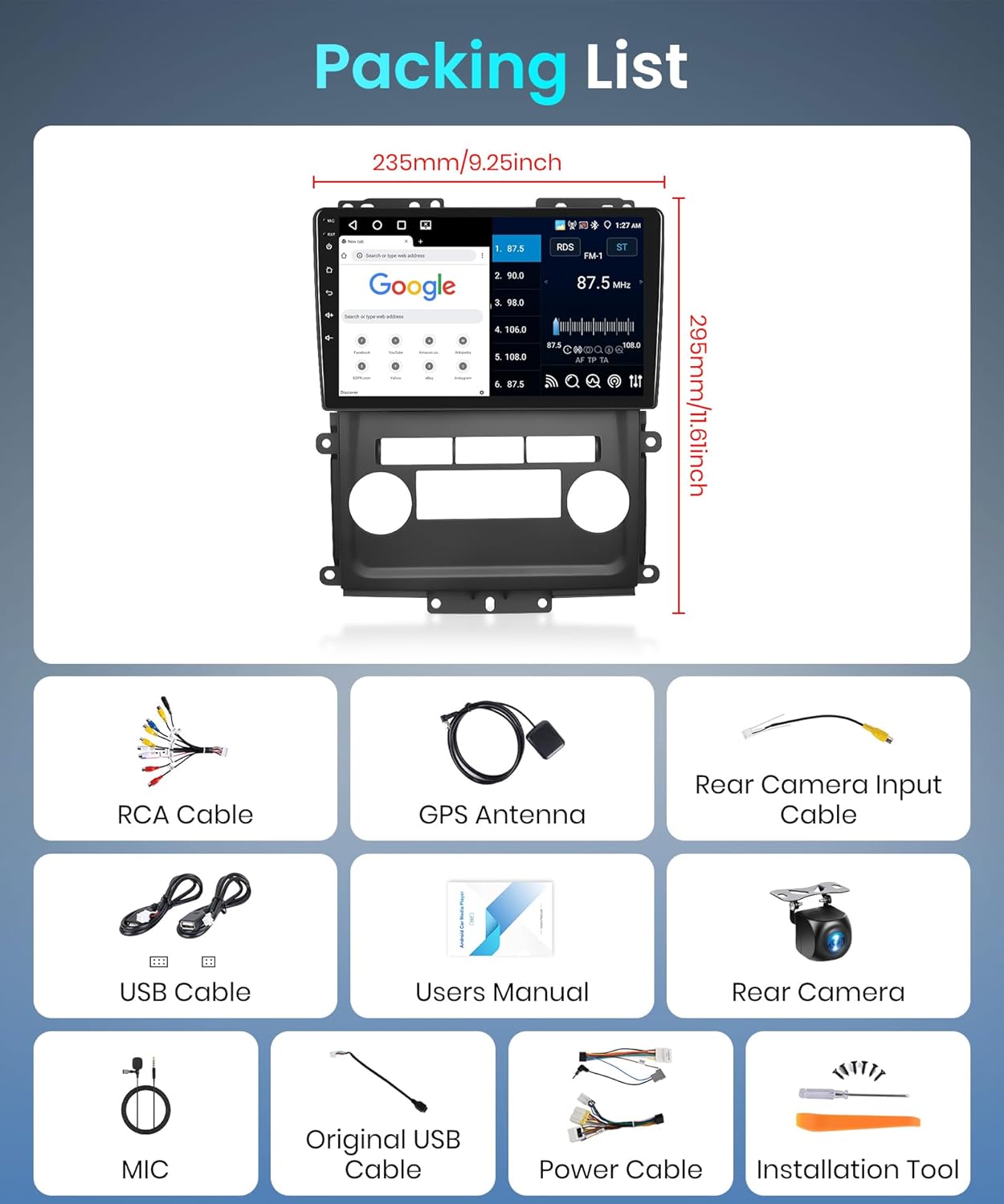Diagram showing all items included in the Rimoody car stereo packing list