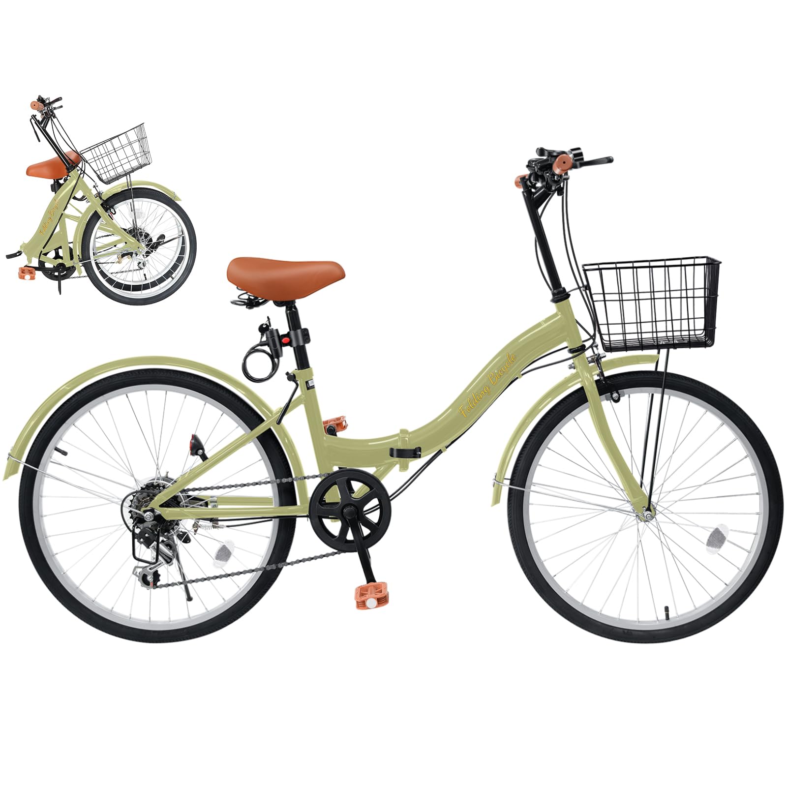 Mixiu 折りたたみ自転車 20インチ/24インチ 軽量 素早く折畳可能 P-O9 シマノ 7段変速 折り畳み自転車 高炭素鋼フレーム 高さ調節可能なハンドルステムとサドル 折畳み自転車 空気入れ、ライト、カゴ、ワイヤロック付属 男女兼用 通勤 通学 サイクリング (ライトイエロー, 24)