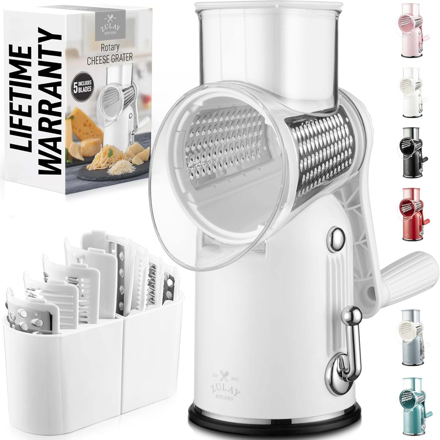Zulay Kitchen Rotary Cheese Grater 5 Blade Cheese Shredder - Manual Hand Crank Cheese Grater With Reinforced Suction & 5 Interchangeable Drums - Easy to Use, Vegetable Chopper Round Mandoline Slicer