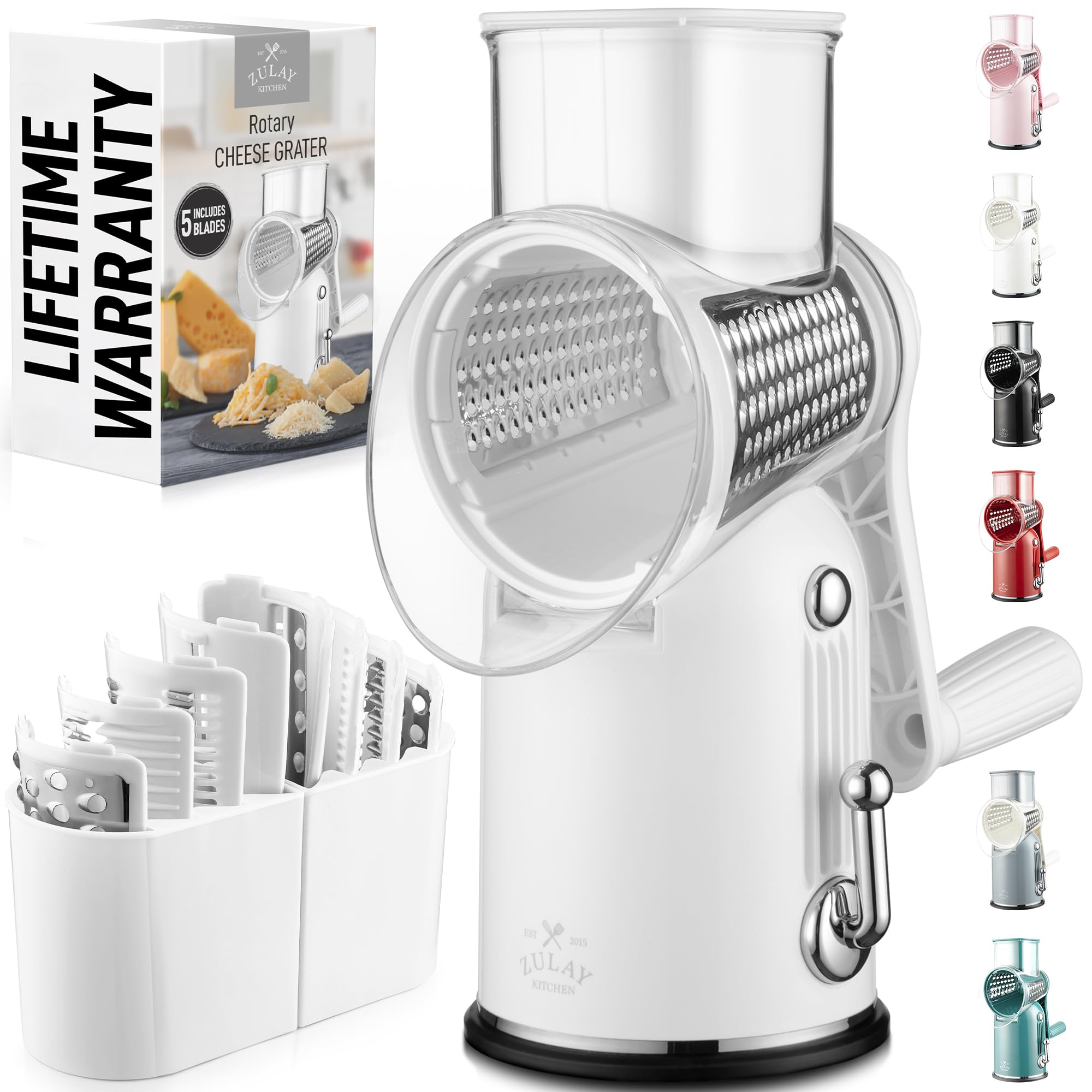 Zulay Kitchen Râpe à fromage rotative à 5 lames – Râpe à fromage manuelle à manivelle avec aspiration renforcée et 5 tambours interchangeables – Facile à utiliser, hachoir à légumes mandoline rond