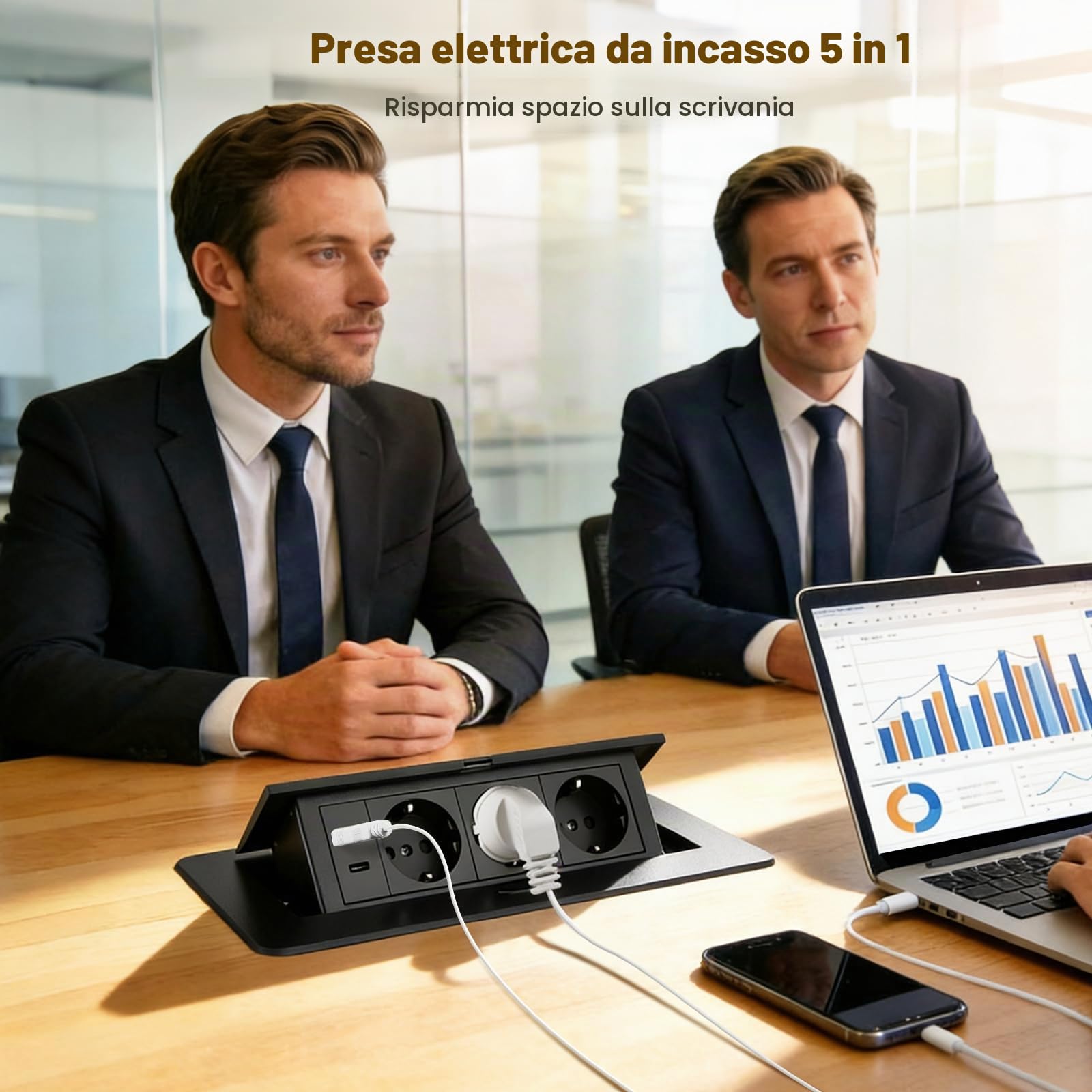 Presa da incasso a scomparsa, 3 scomparti, in alluminio, per cucina, ufficio, colore nero