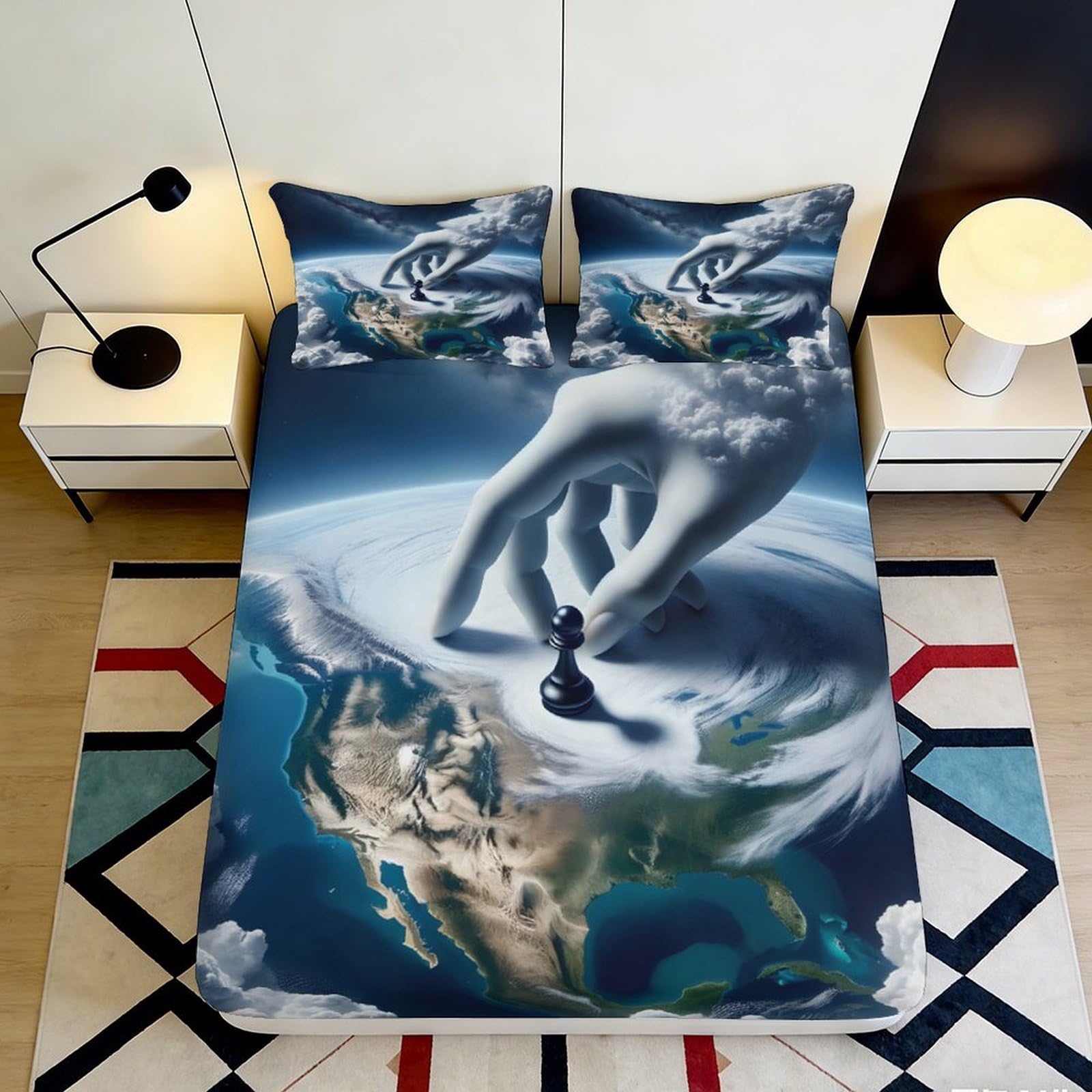 3D Printed Earth Chess Hand Fitted Sheet Microfiber Soft Bedroom Decor Artistic Bed Cover Anti-Dust for Home Dorm 90x200x25cm
