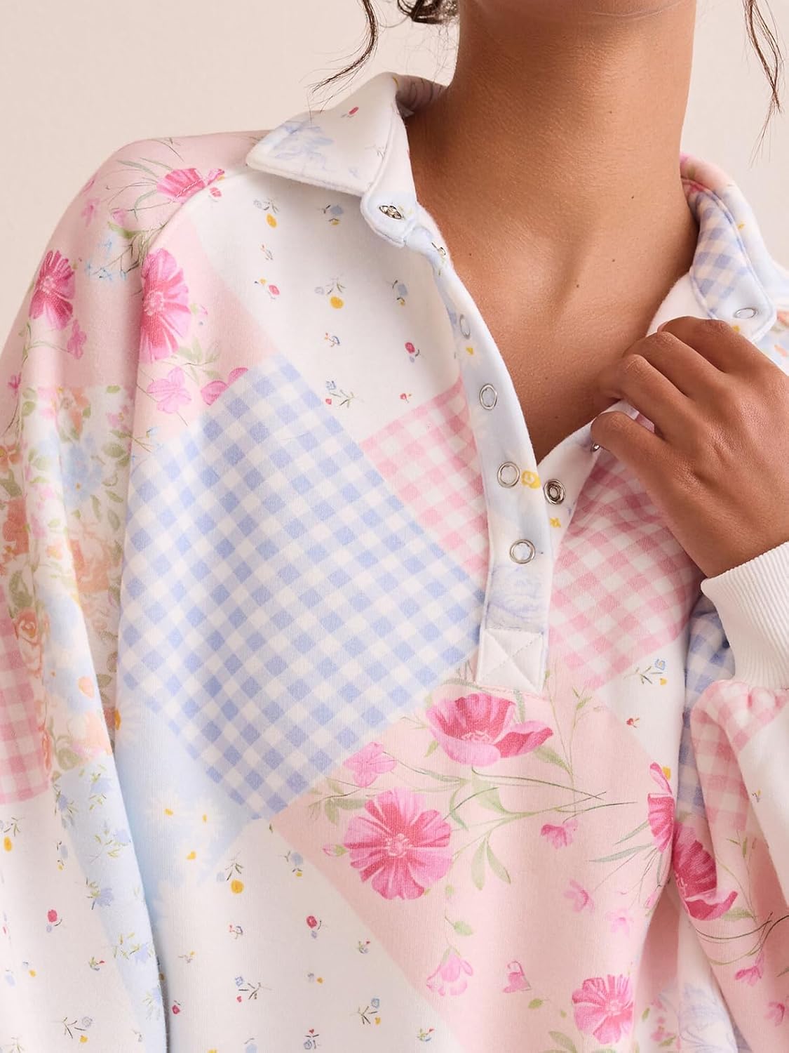 Women Oversized Floral Patchwork Sweatshirt Y2k Button Balloon Sleeve Pullover Top Aesthetic Going Out Sweatshirts