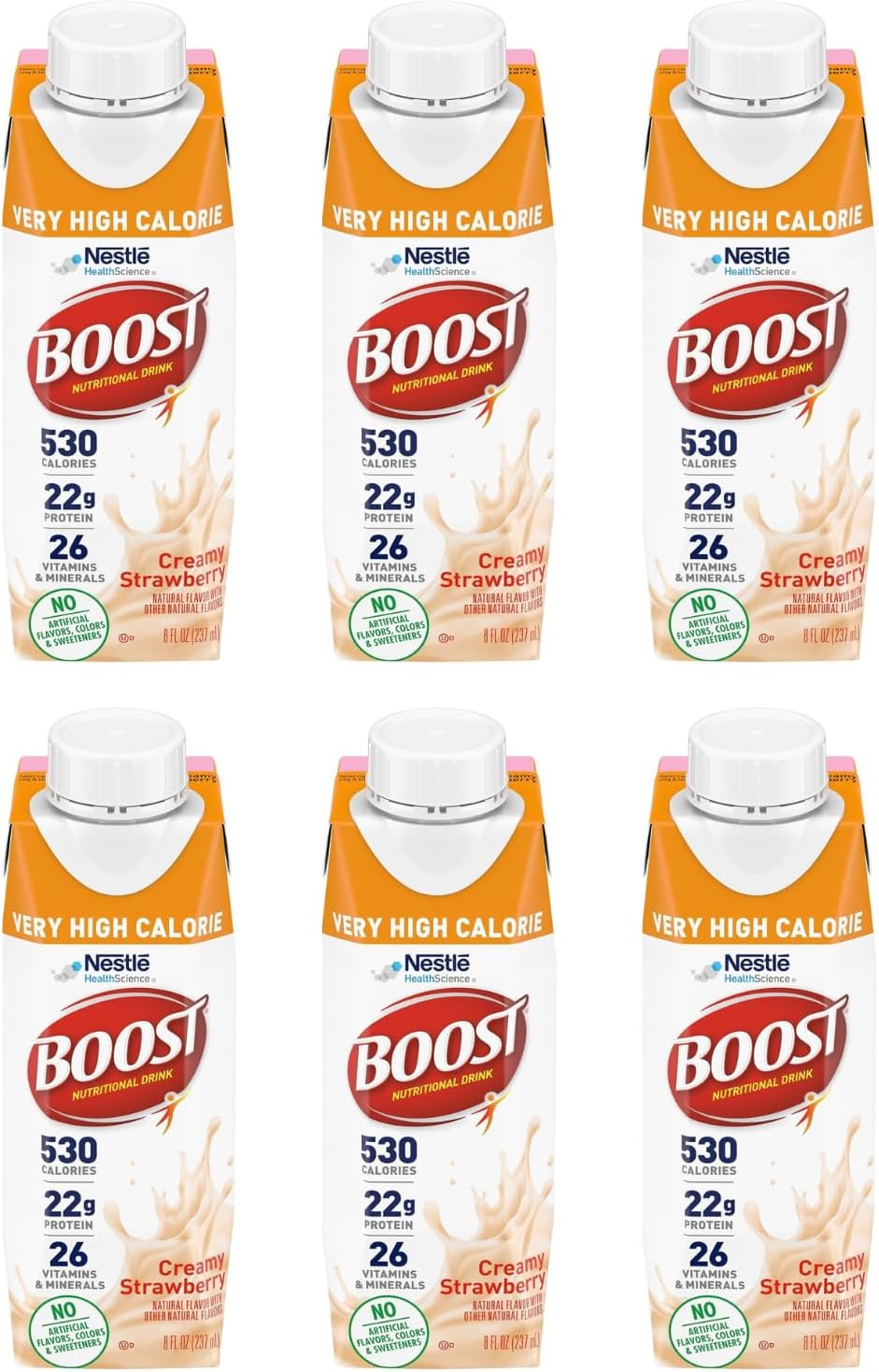Boost Very High Calorie Nutritional Drink Very Vanilla, Made with Natural Strawberry Flavor & No Artificial Flavors, Colors & Sweeteners, 8 FL OZ (Pack of 6)