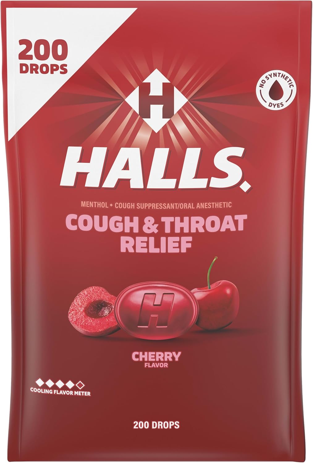 HALLS Cherry Cough Drops for Sore Throat & Cough Relief, 5.8mg Menthol, 200 Bulk Pack - No Synthetic Dyes