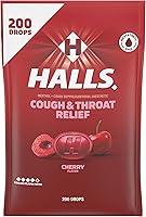 HALLS Cherry Cough Drops for Sore Throat & Cough Relief, 5.8mg Menthol, 200 Bulk Pack - No Synthetic Dyes