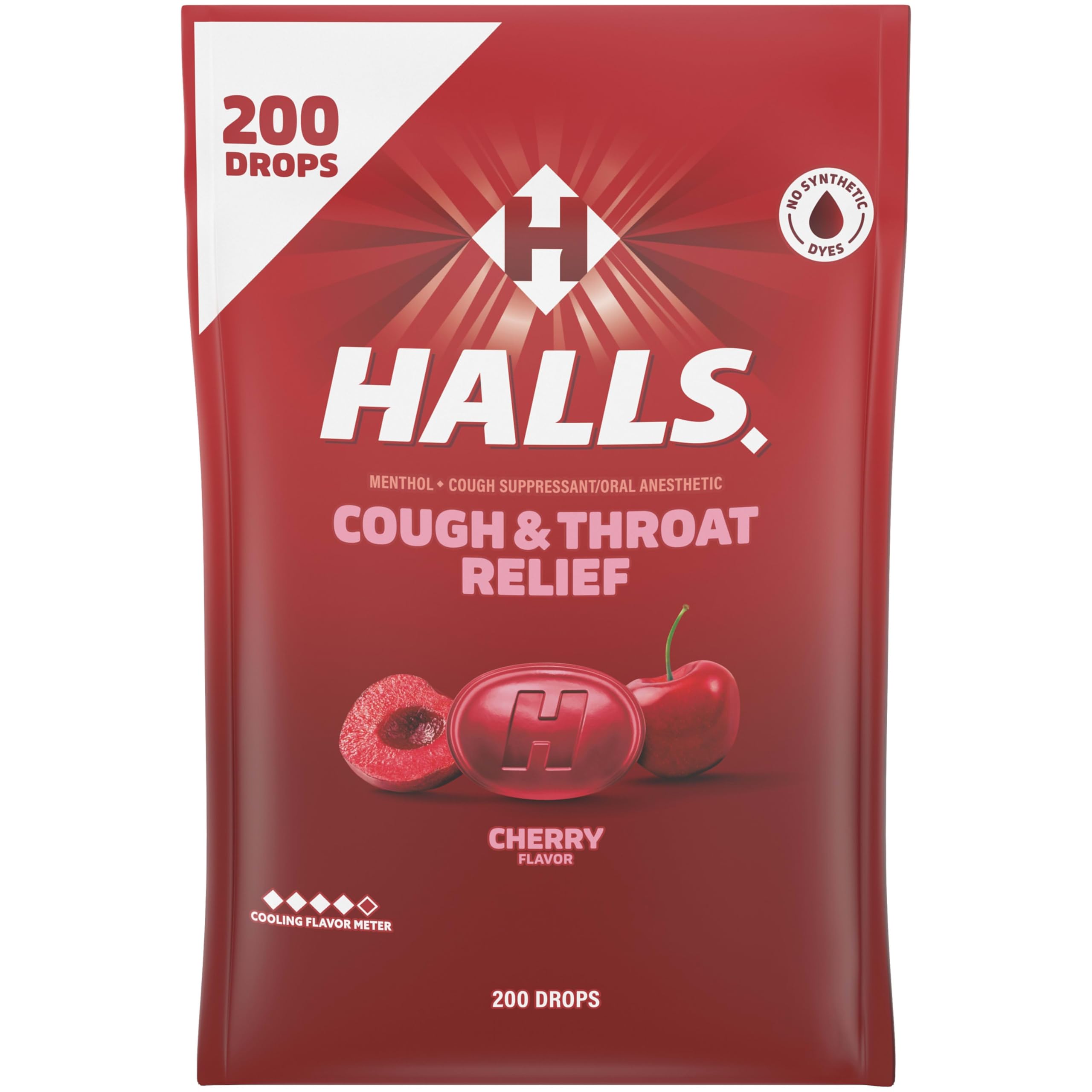 HALLS Cough and Throat Relief Cherry Cough Drops, Bulk Pack, 200 Drops