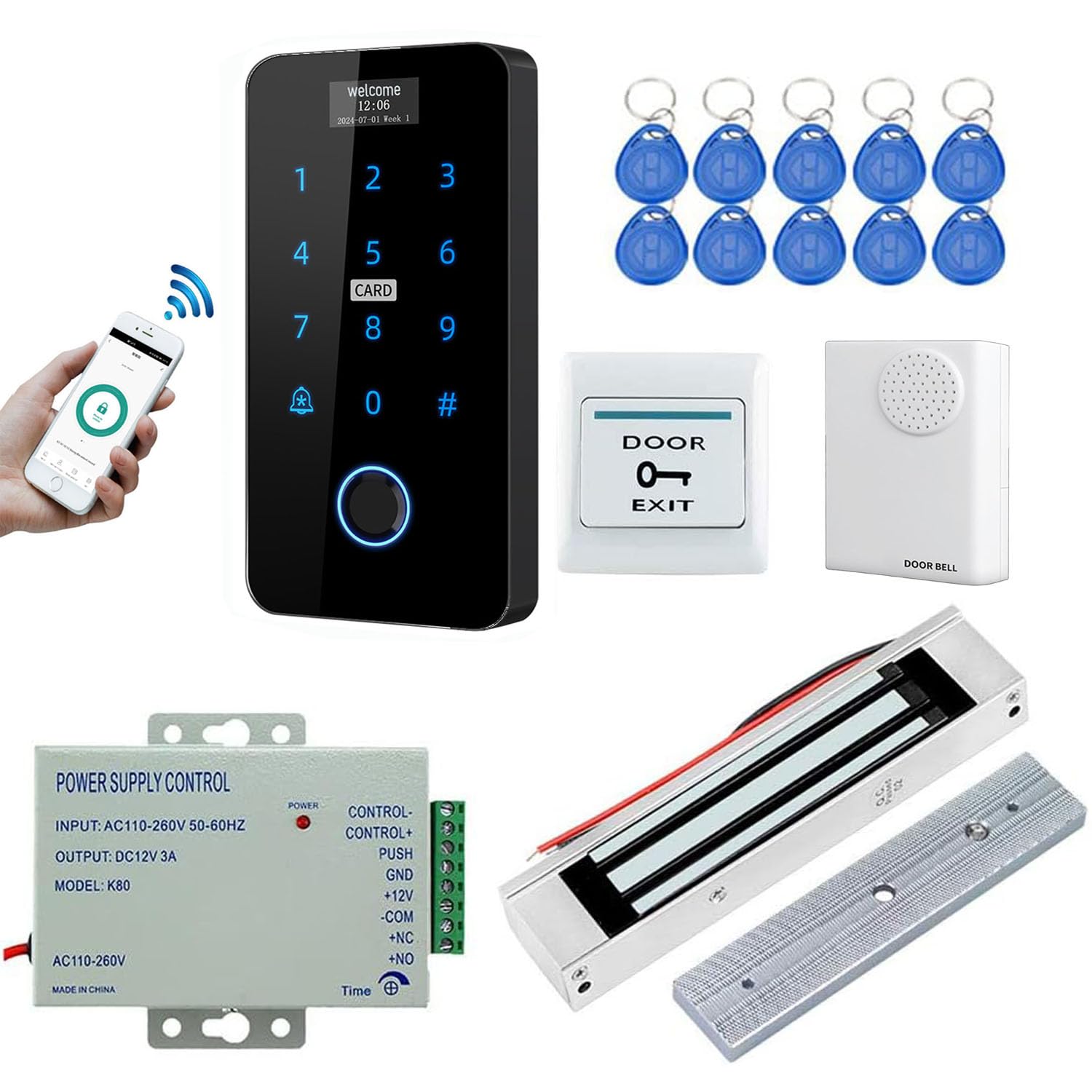 YAVIS Sistema de Control de Acceso Kit Tuya WiFi Teclado con contraseña de Huella Dactilar de Pantalla, Cerradura magnética eléctrica 350LBS Impermeable RFID ID/IC Lector Tarjetas Fuente alimentación