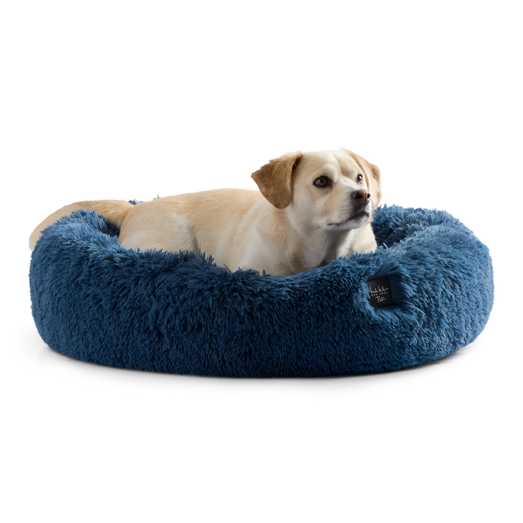 Nicole Miller New York PET Ellie Fuzzy Solid Donut Pet Bed, Plush, Cozy & Calming, Non-Slip Bottom, 100% Machine Washable, Blue, X-Small 19"x19"x7"