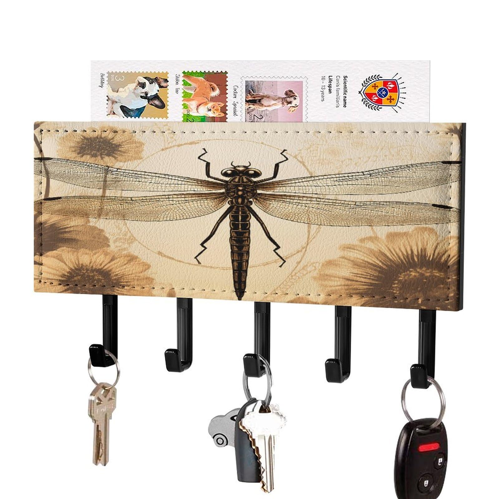 FekiLoot Dragonfly on Sunflower Key Holder Wall Mount Key Hanger with 5 Hooks Decorative Key Rack Hanging Key Hooks with Mail Organizer Key Holder for Wall Living Room Kitchen Bathroom Hallway Black